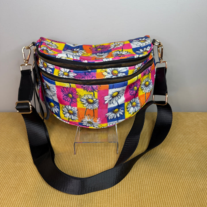 The Roni Nylon Crossbody - Colorful Checkered Daisy Floral