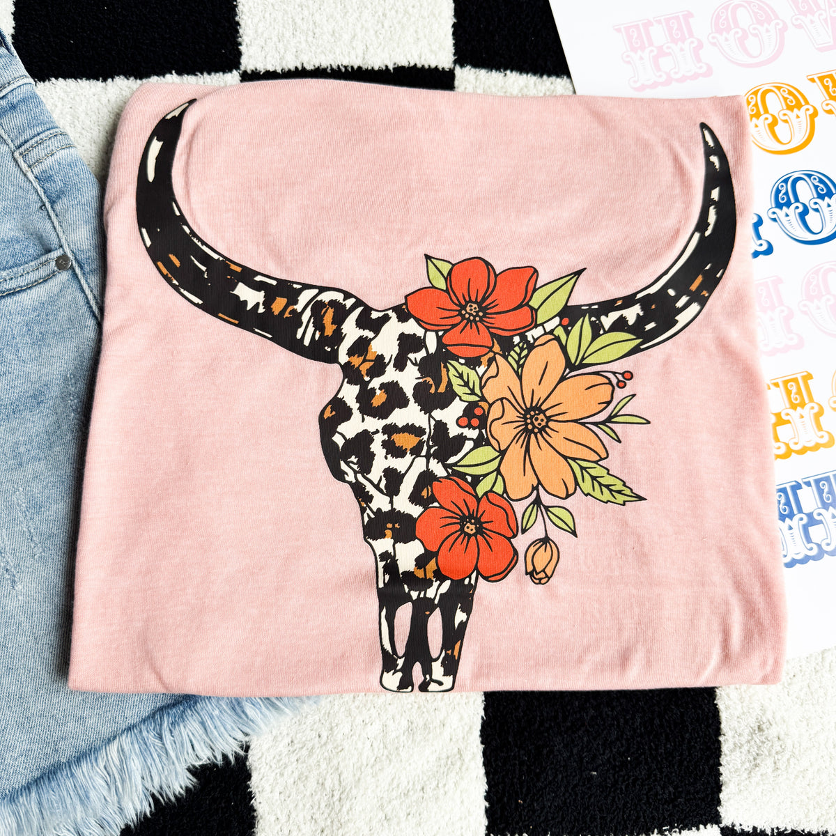 Peach Leopard Bullskull Graphic Tee