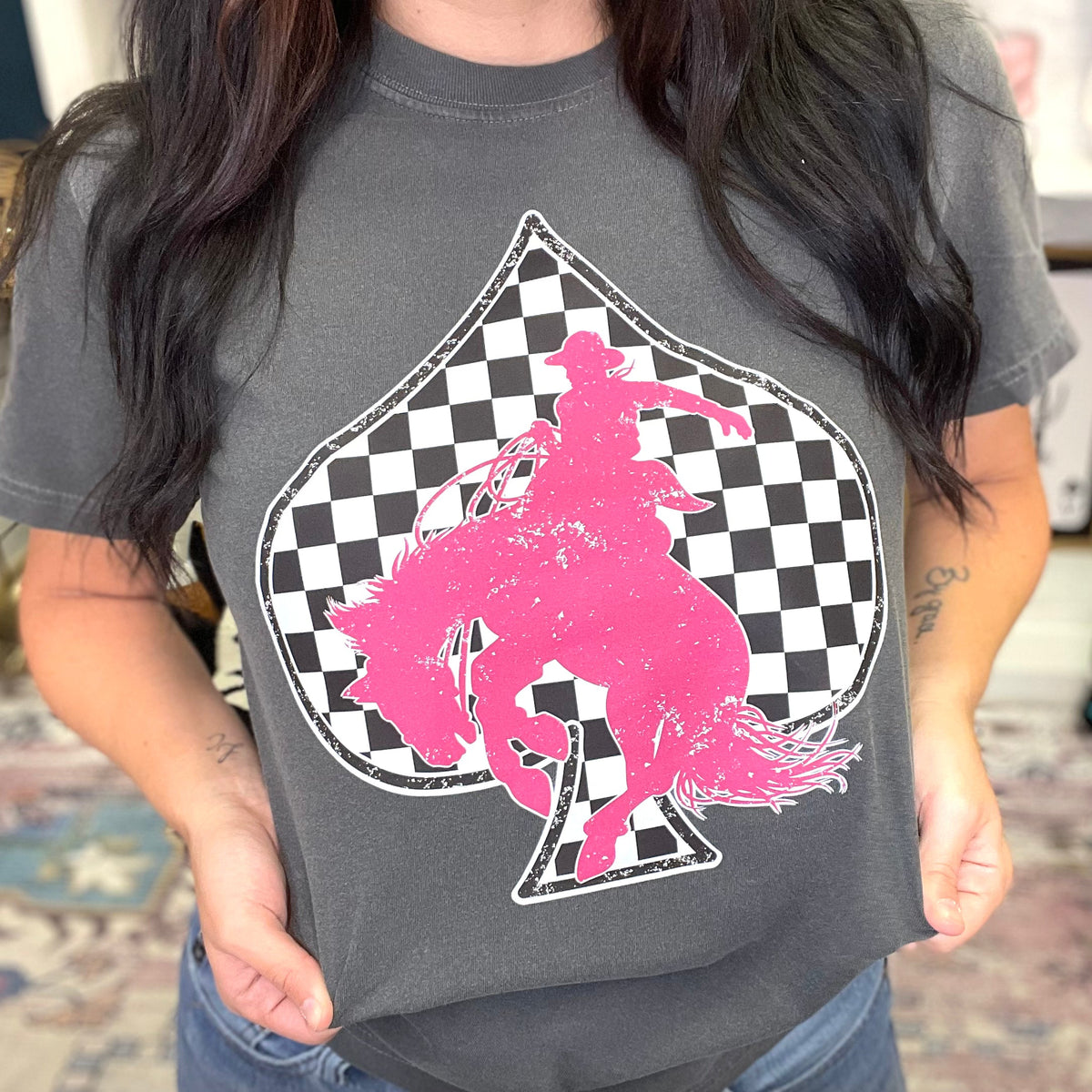 Checkered Spade Pink Bronc Graphic Tee