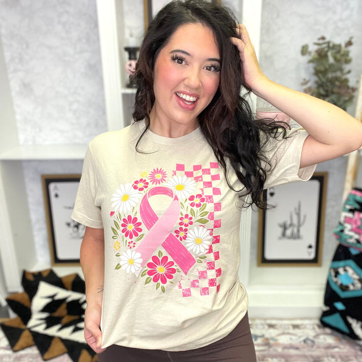 Floral Breast Cancer Ribbon Graphic Tee