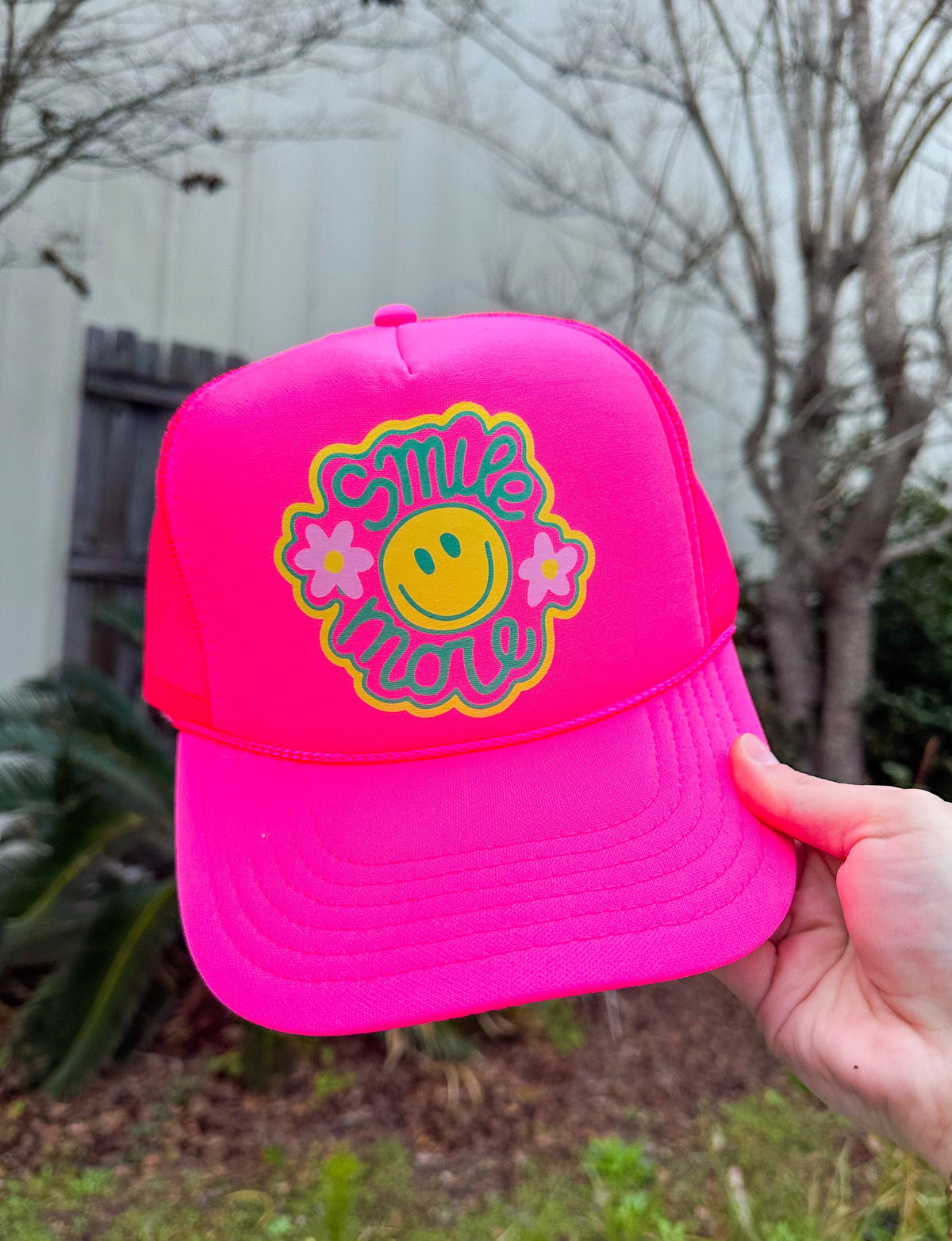 Smile More Hot Pink Trucker