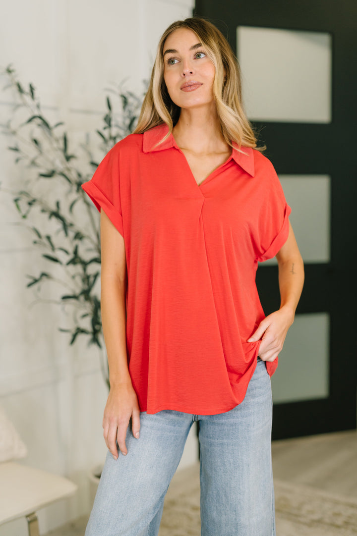 Sea You Soon Collared Top in Hot Coral