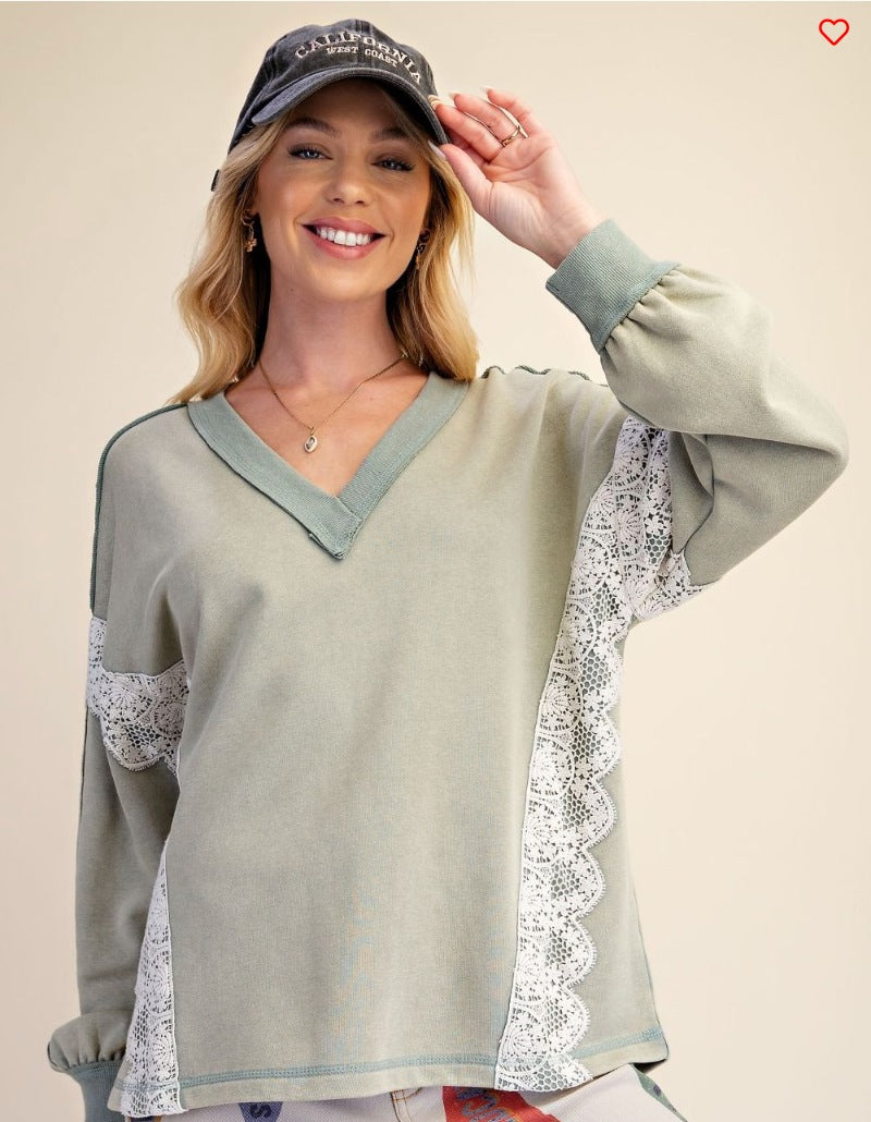 Sage mineral washed lace detail terry top by Easel