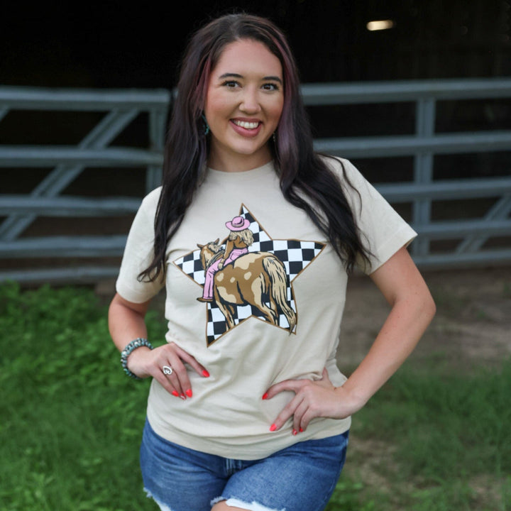 FestiviTees Women - Apparel - Shirts - T-Shirts Cowgirl Checkerboard Star Soft Graphic Tee