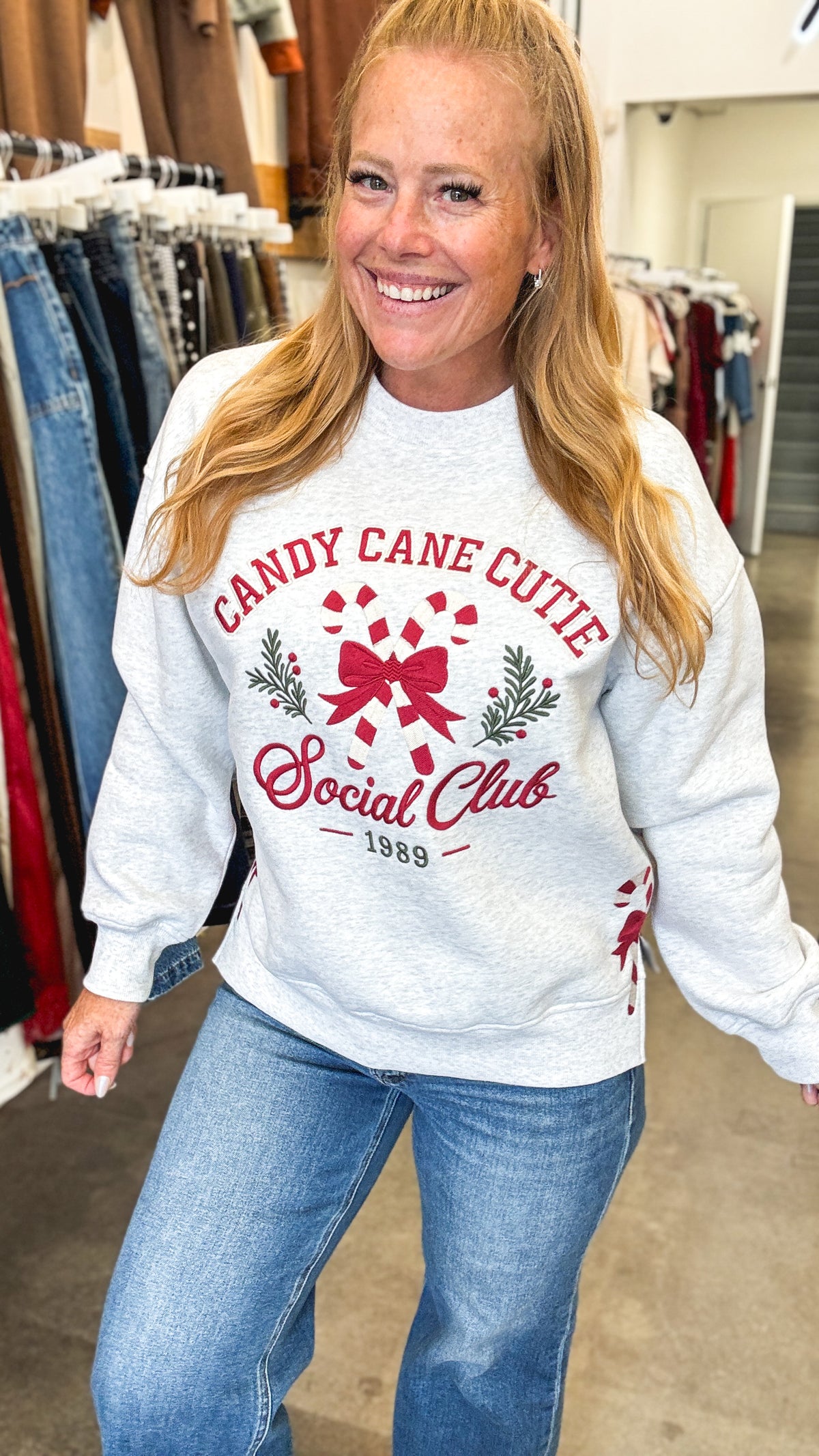 Candy Cane Cutie Embroidered Sweatshirt