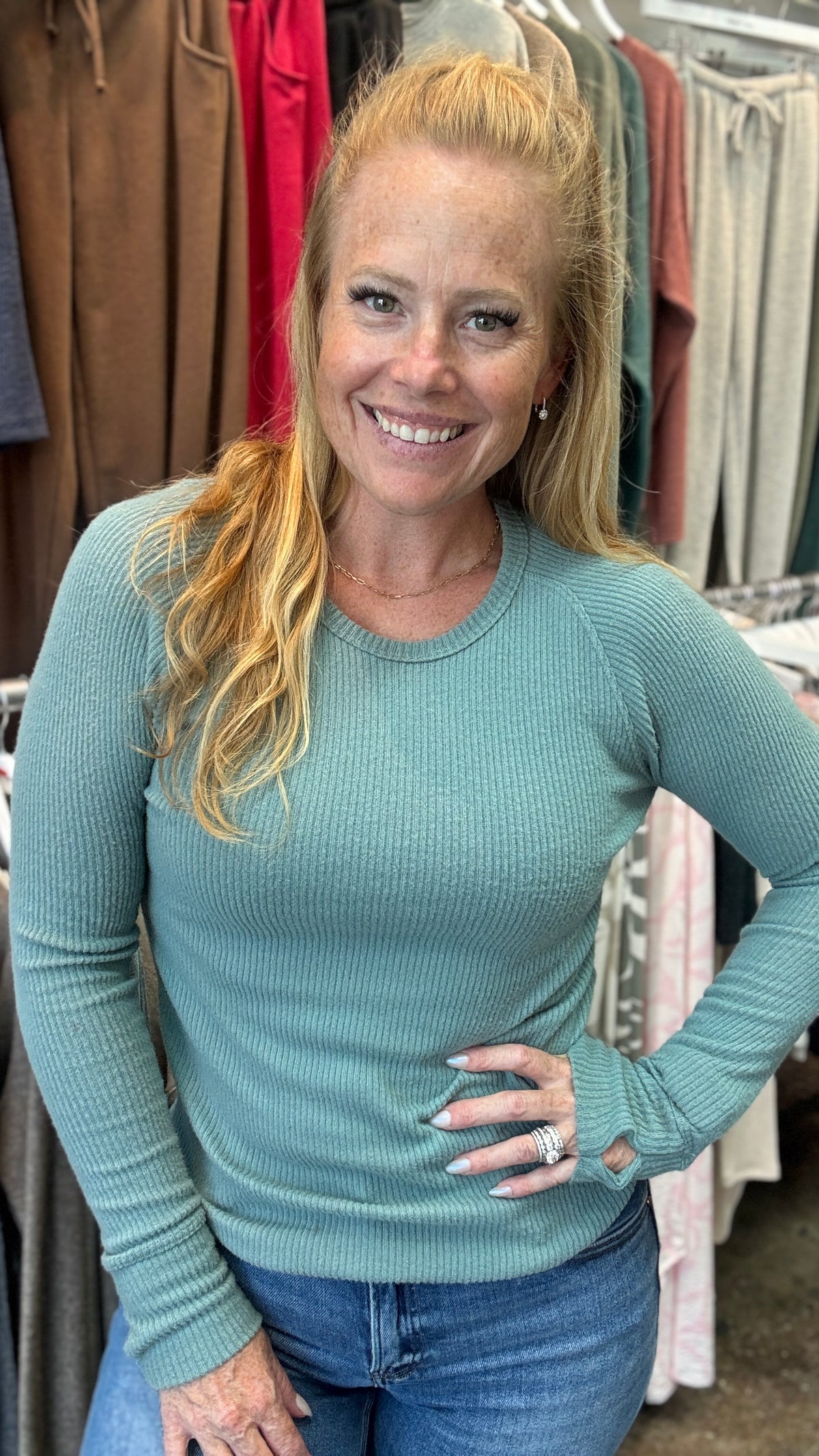 Brushed Rib Round Neck Raglan Long Sleeve Thumbhole Top