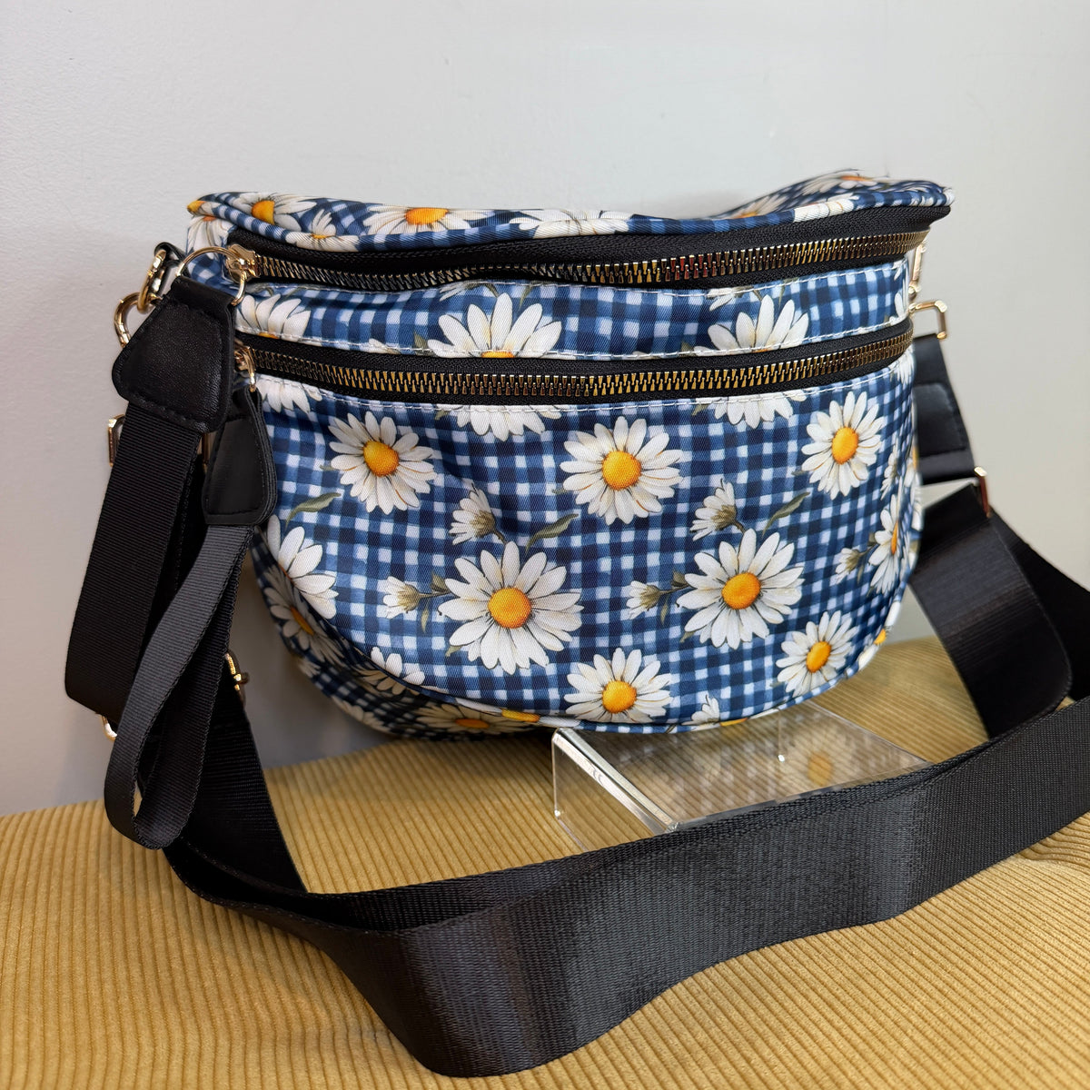 The Roni Nylon Crossbody - Blue Gingham Daisy Floral