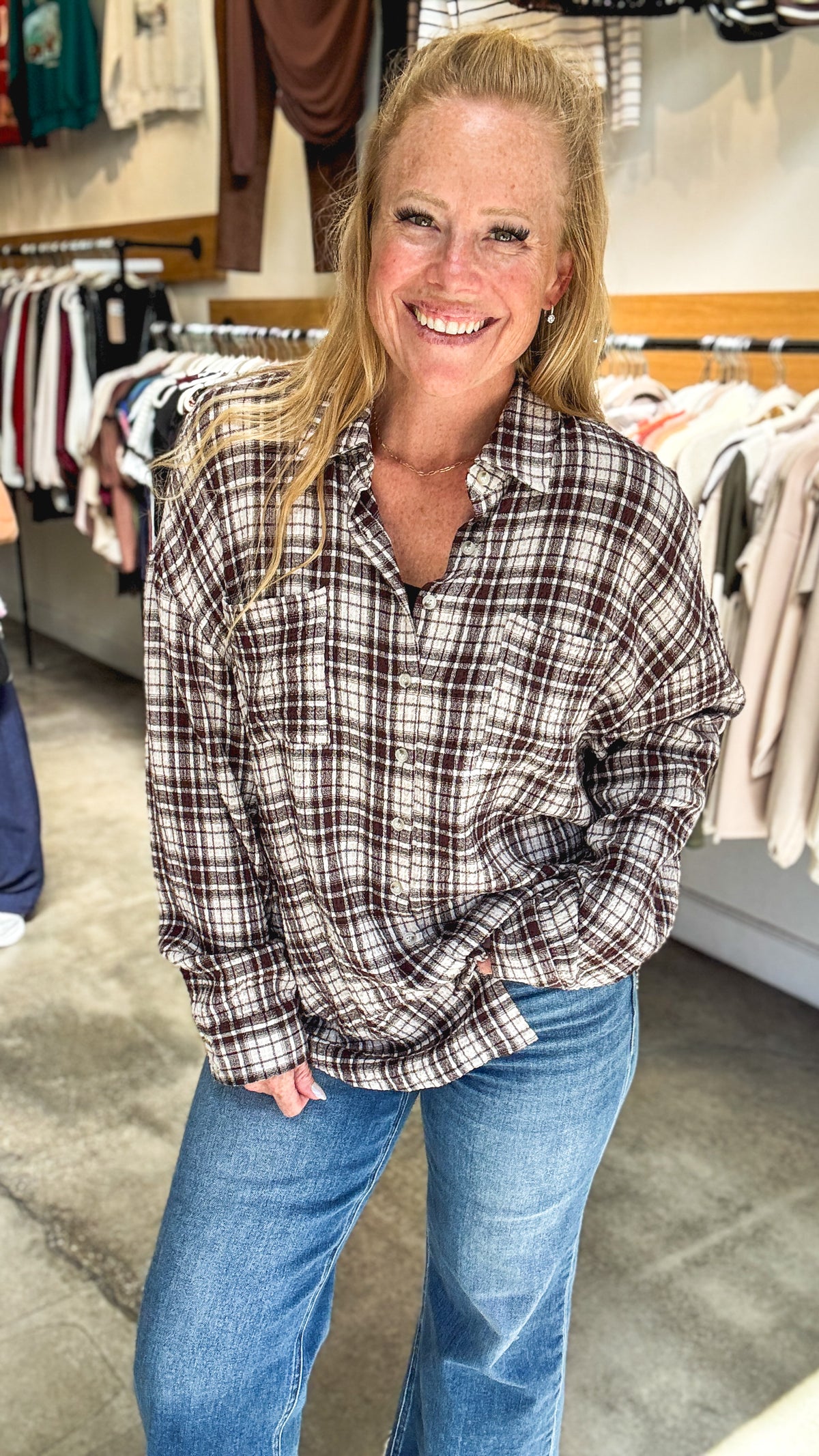 Brown Beige Plaid Oversized Button Shirt