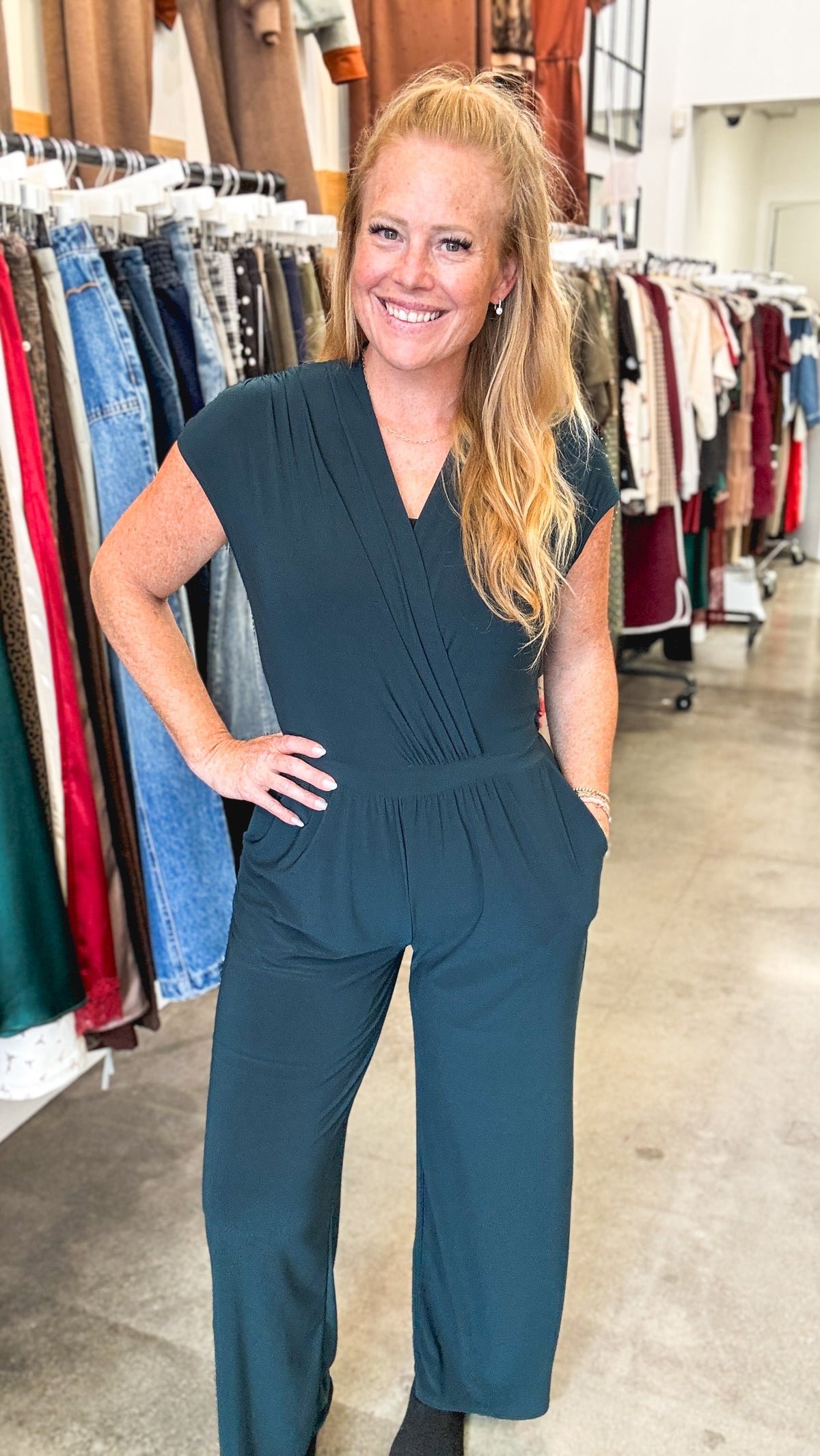 Hunter Green Surplice Straight Leg Jumpsuit