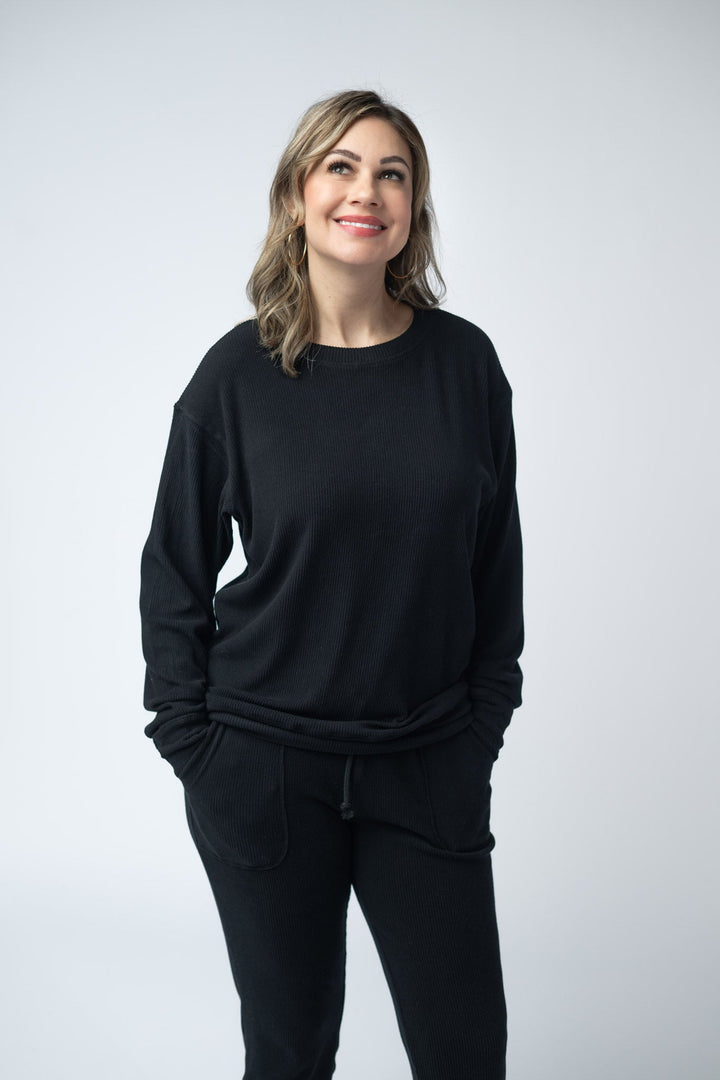 Corrine Ribbed Pullover Top - Black