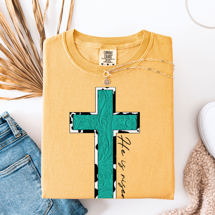 Turquoise & Cow Print He is Risen Cross Graphic Tee