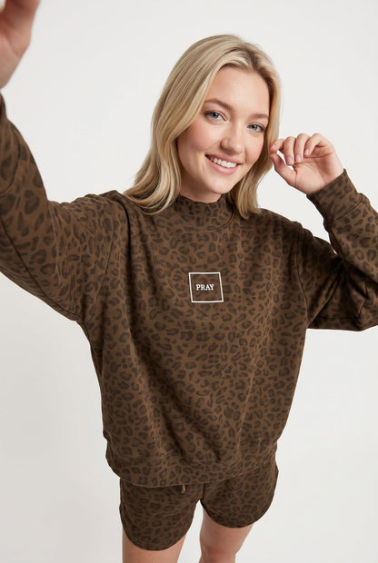 PREORDER ITEM (Estimated ship date 11/10) PRAY Brown Leopard Mock Neck Sweatshirt
