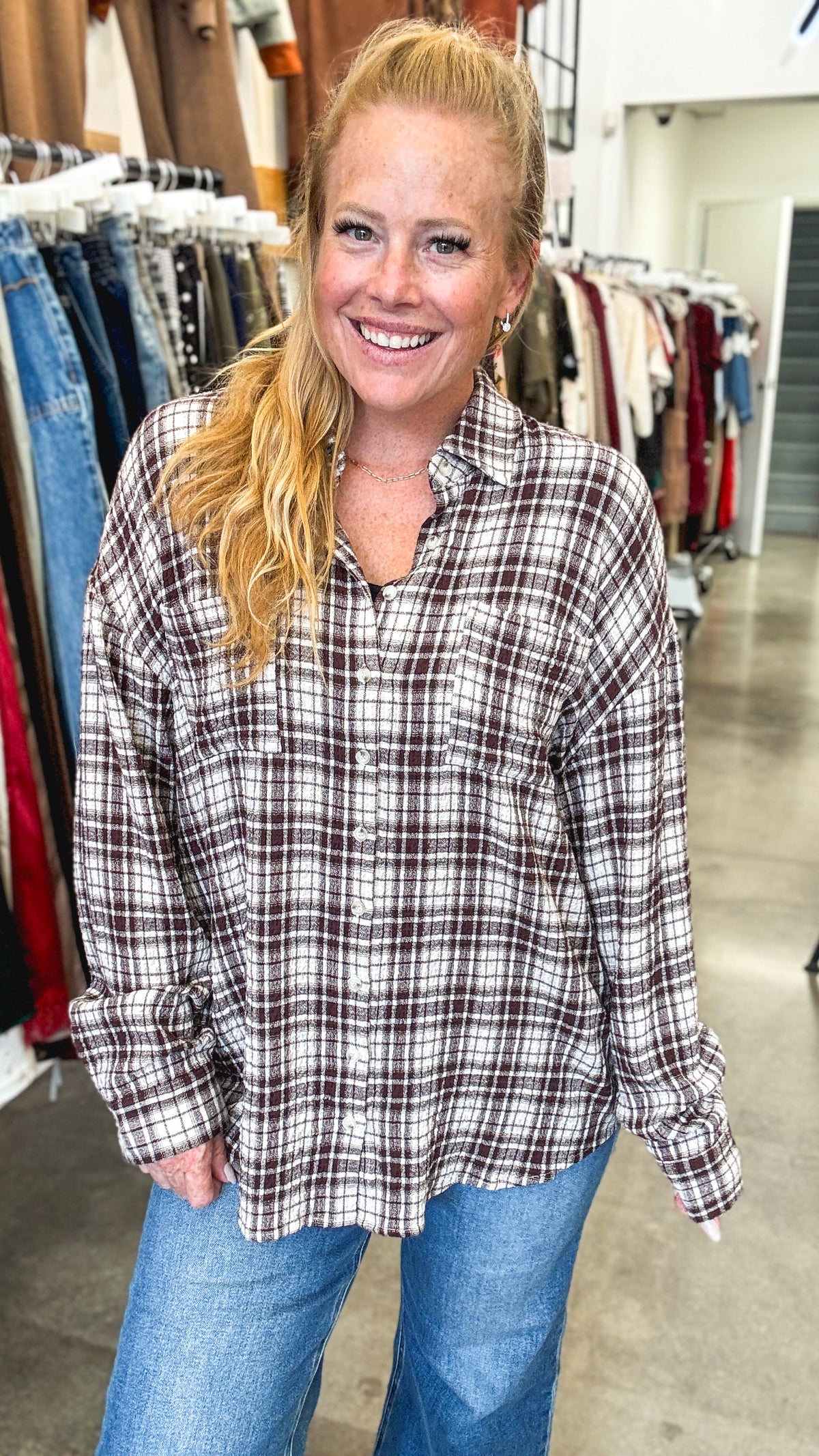 Brown Beige Plaid Oversized Button Shirt