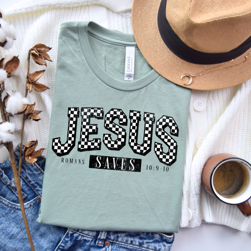 Checkered Jesus Saves Graphic Tee