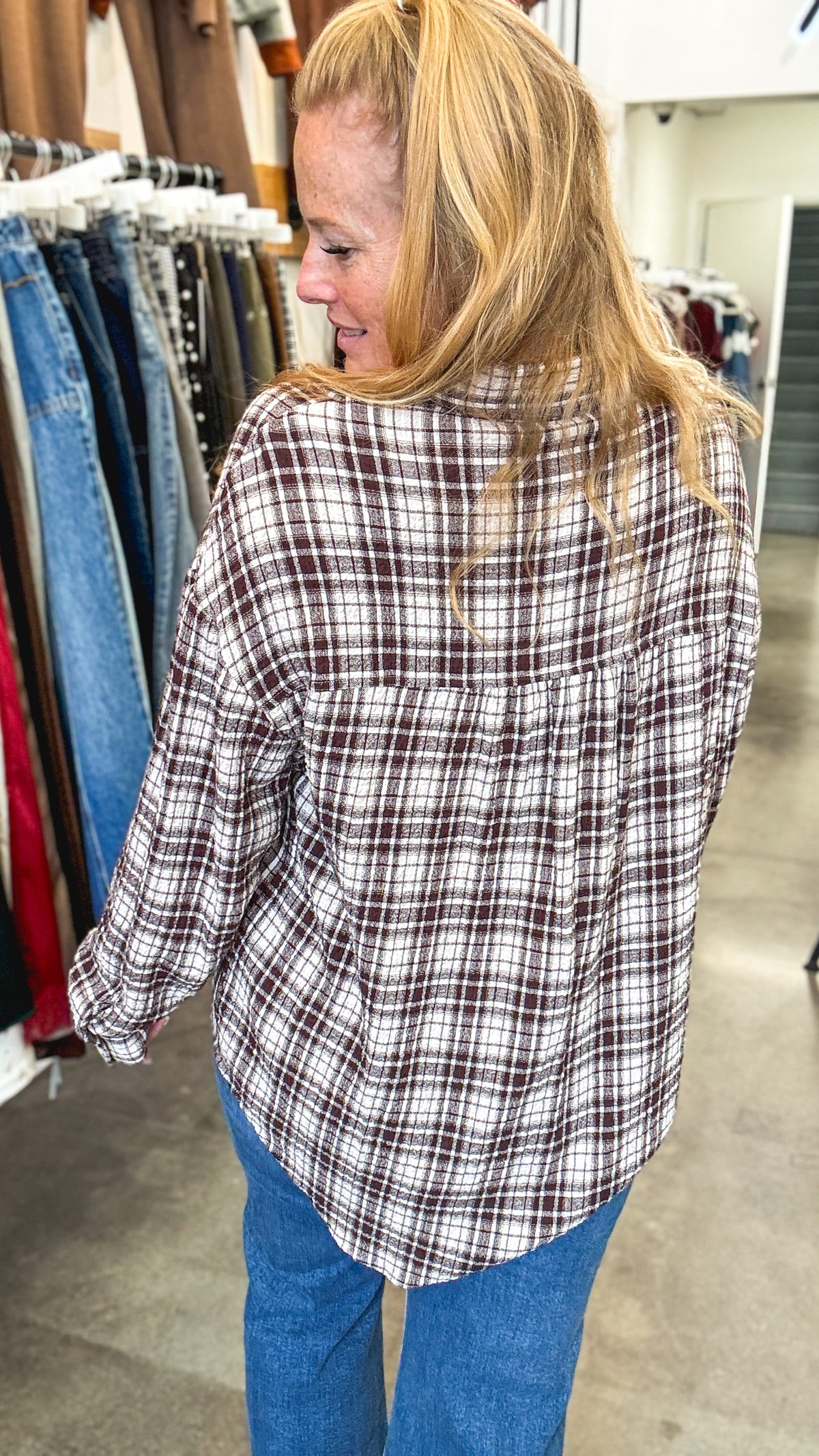 Brown Beige Plaid Oversized Button Shirt