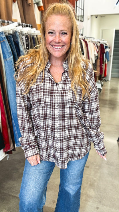 Brown Beige Plaid Oversized Button Shirt