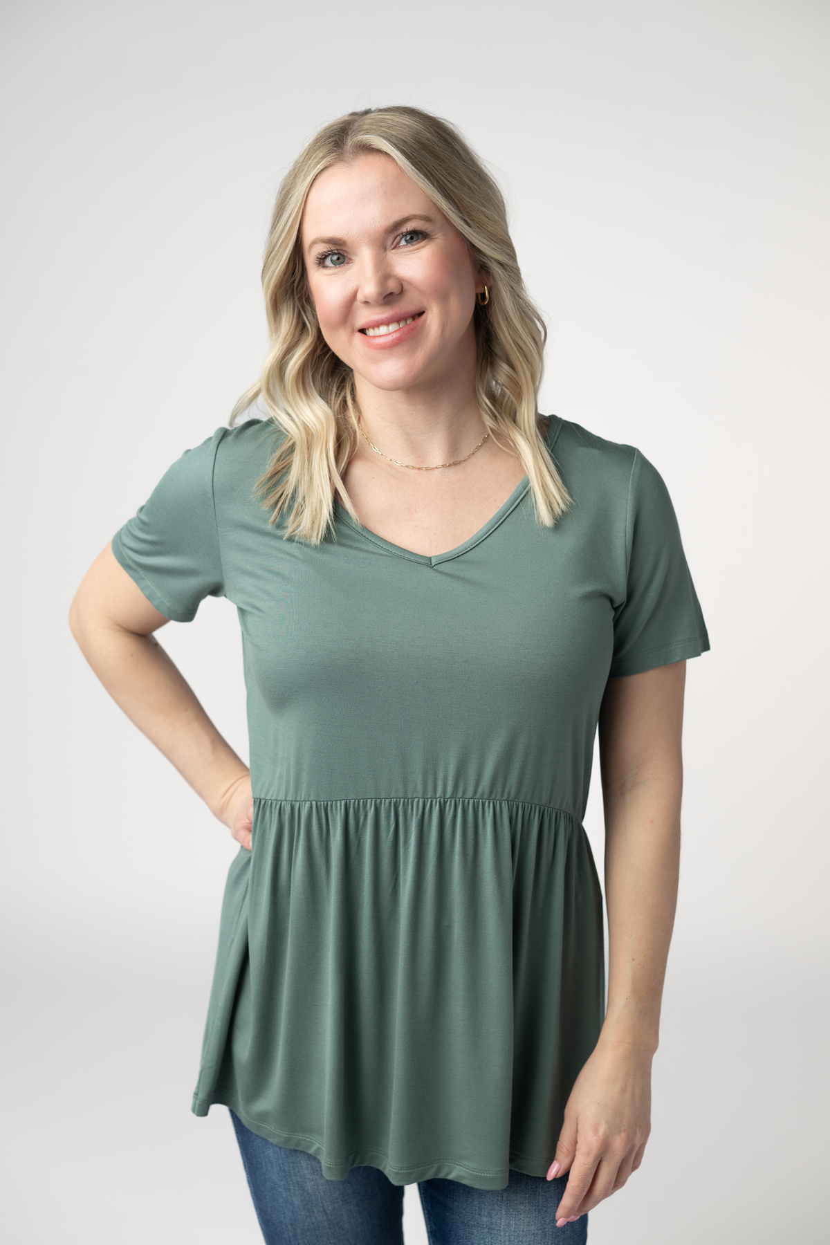 Sarah Ruffle Short Sleeve - Dusty Jade