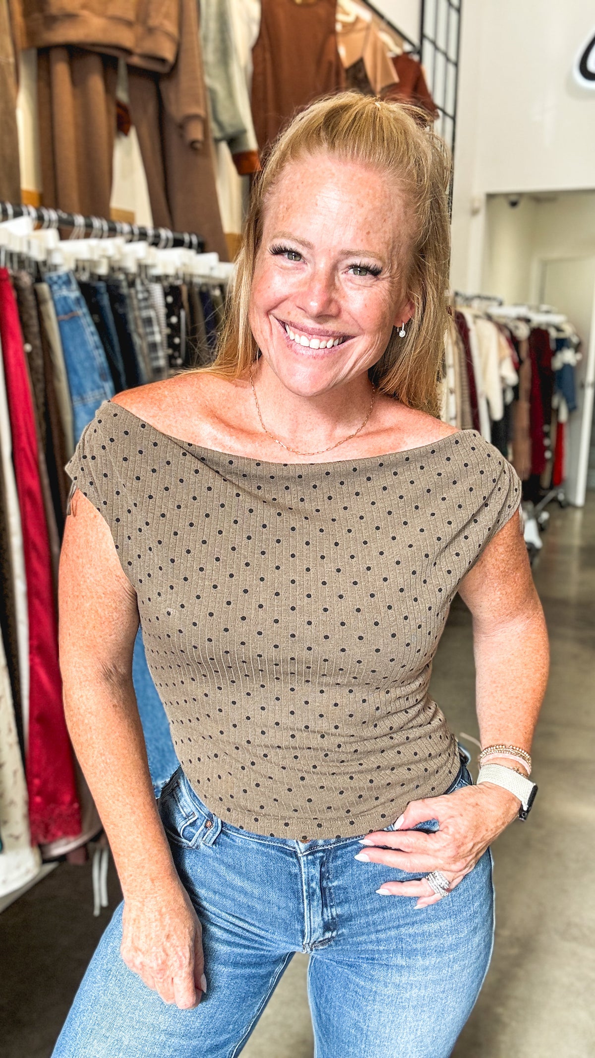 Mocha Black Polka Dot Slouchy Rib Top