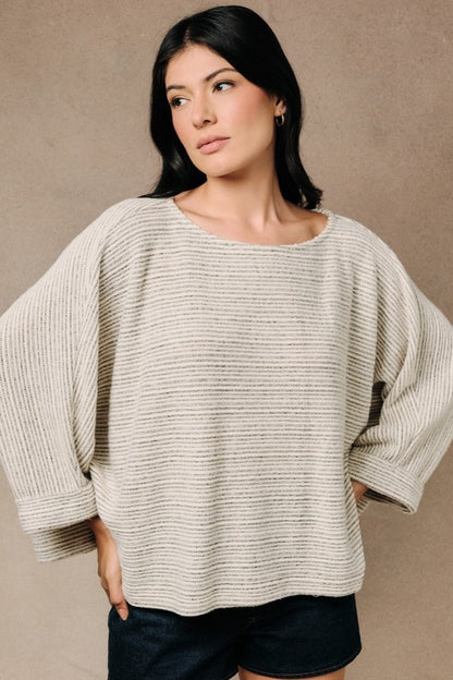 Grey Cream Stripe Brushed Dolman Top