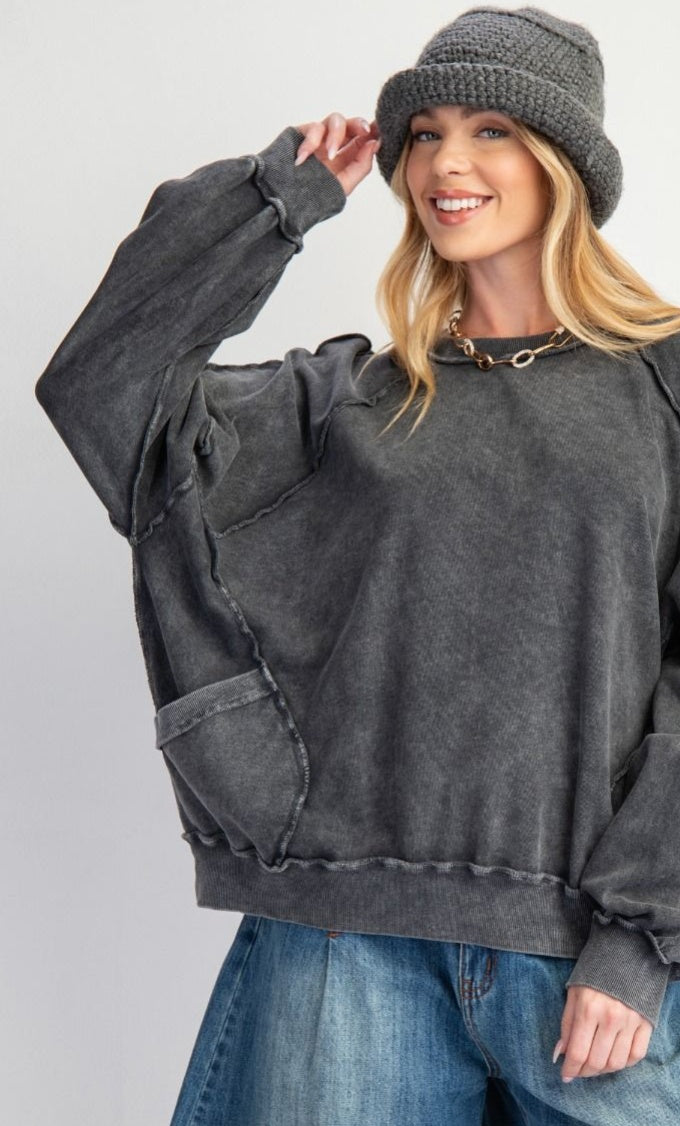Easel ET23226 charcoal mineral-washed loose-cutout pocket pullover