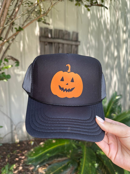 Pumpkin Face Black Trucker Hat