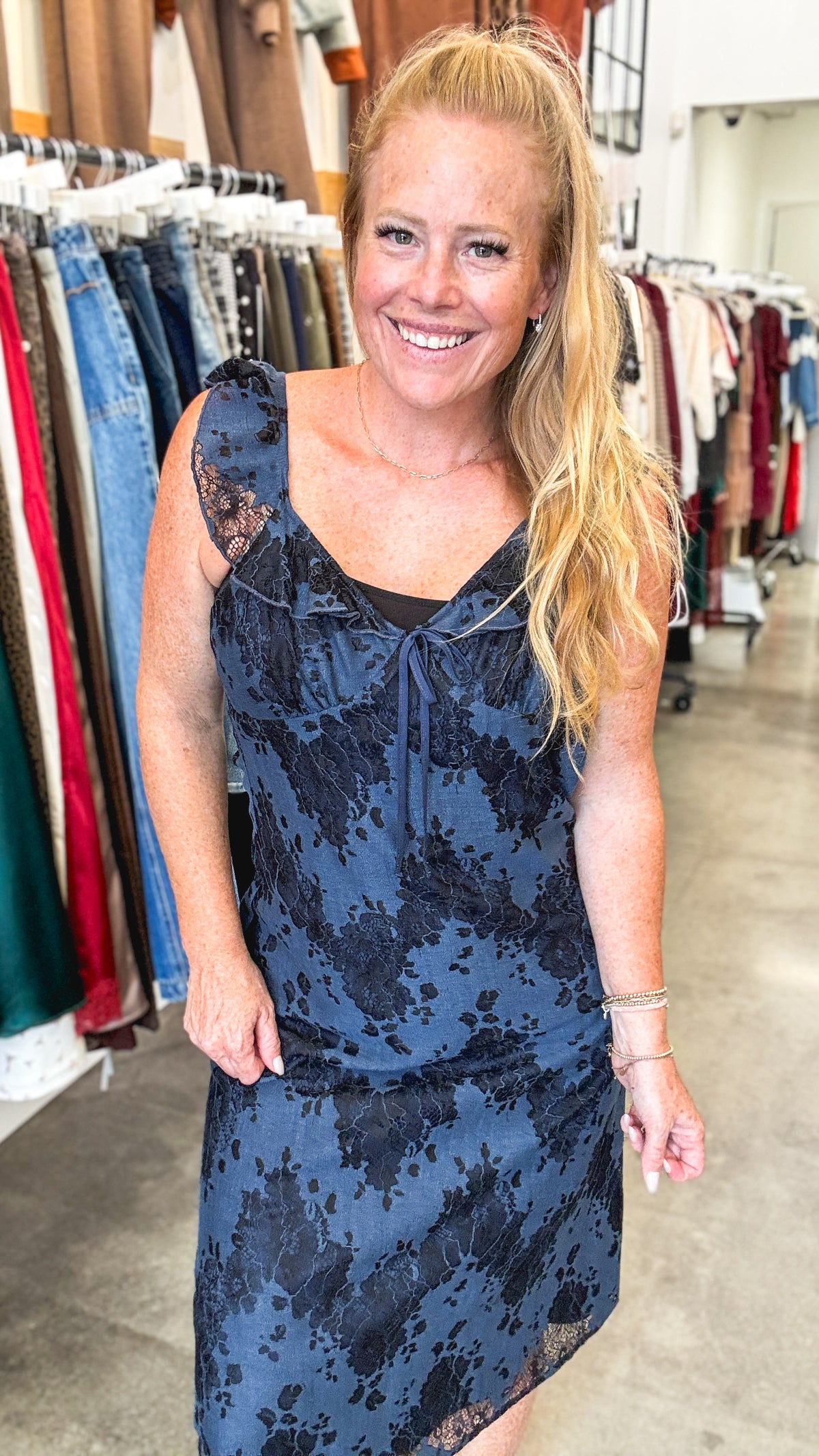 Navy Black Flutter Sleeve Lace Midi Dress