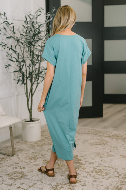 Fix You Right Up Short Sleeve Midi Dress in Dusty Teal