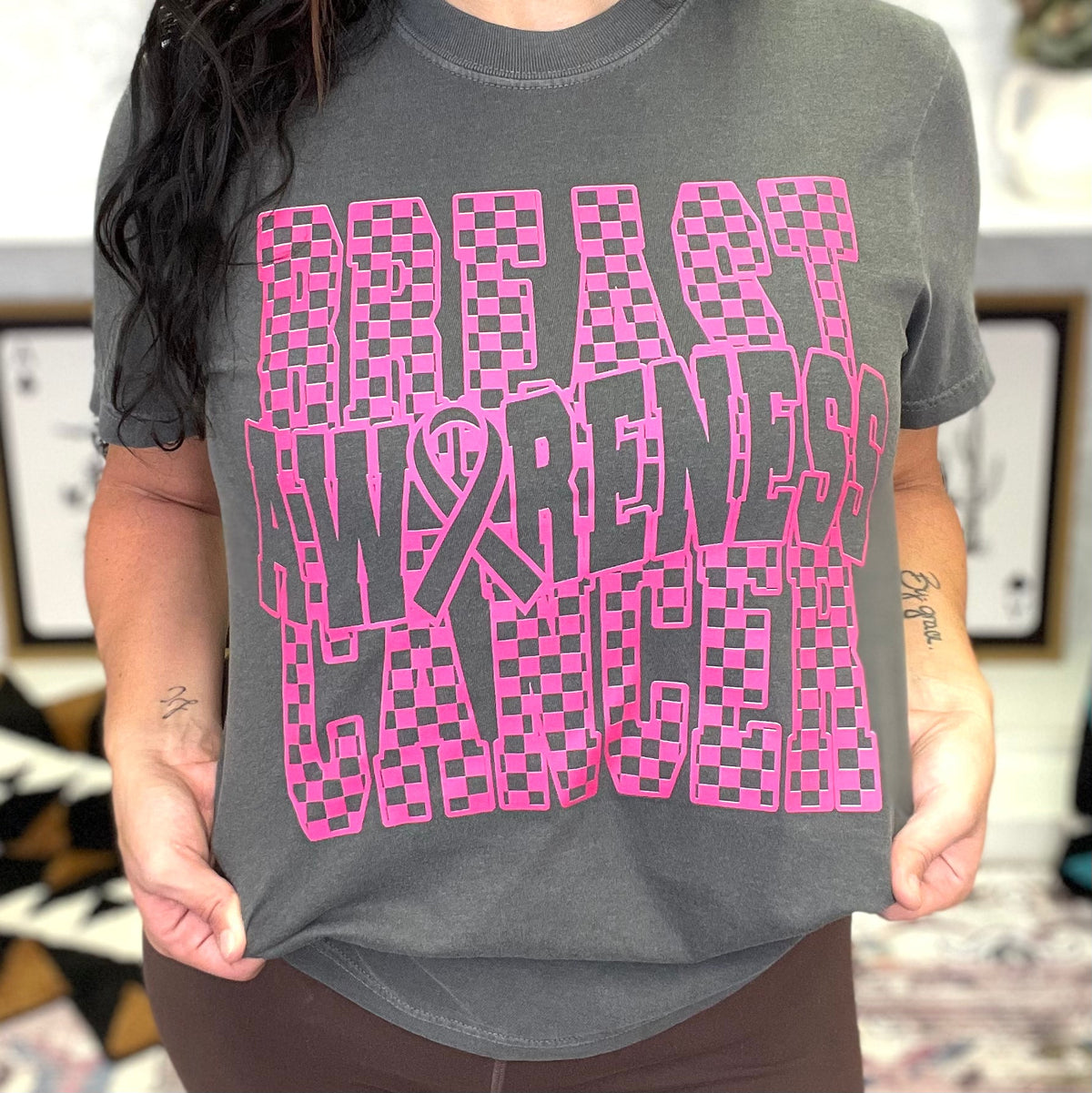 Checkered Breast Cancer Awareness Graphic Tee