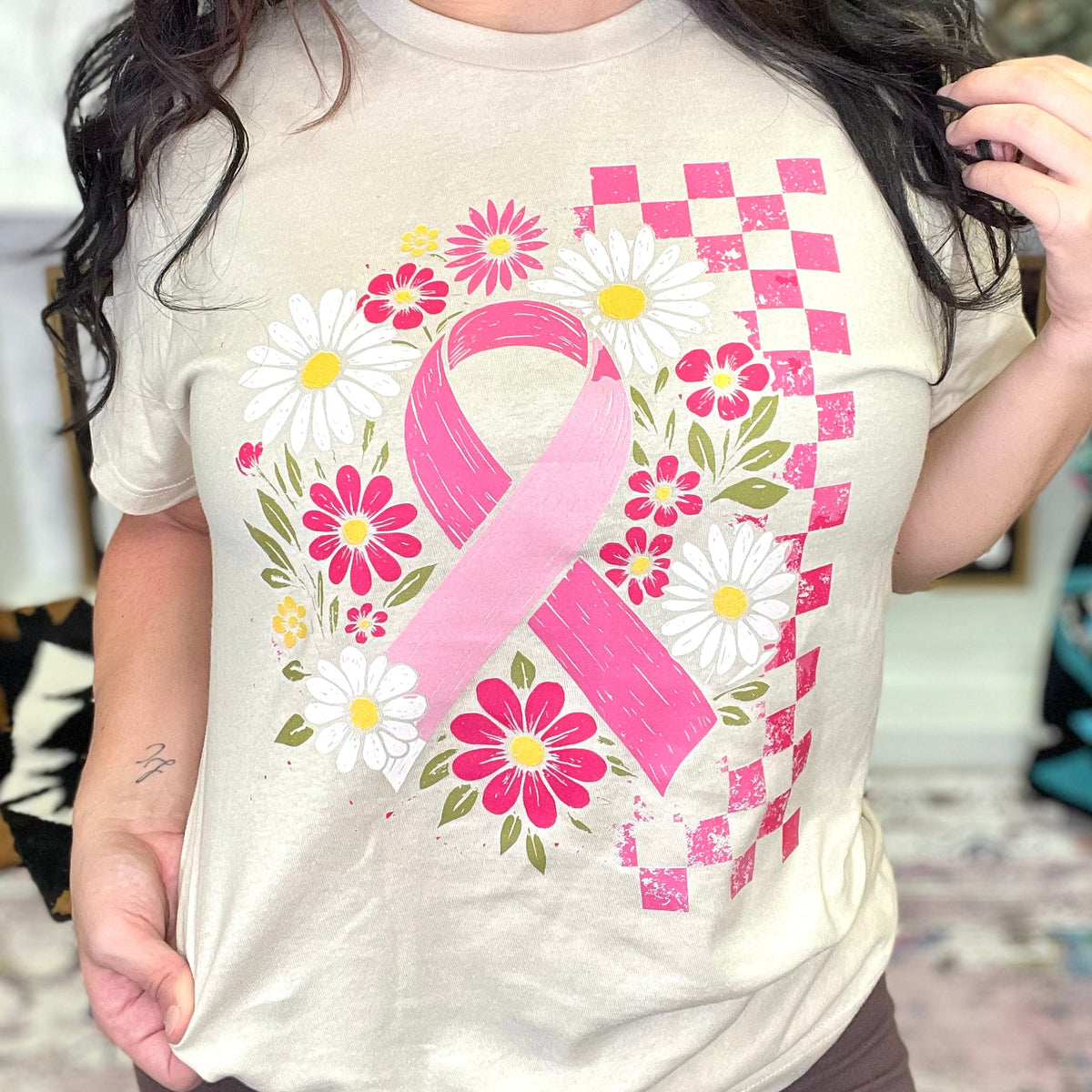 Floral Breast Cancer Ribbon Graphic Tee