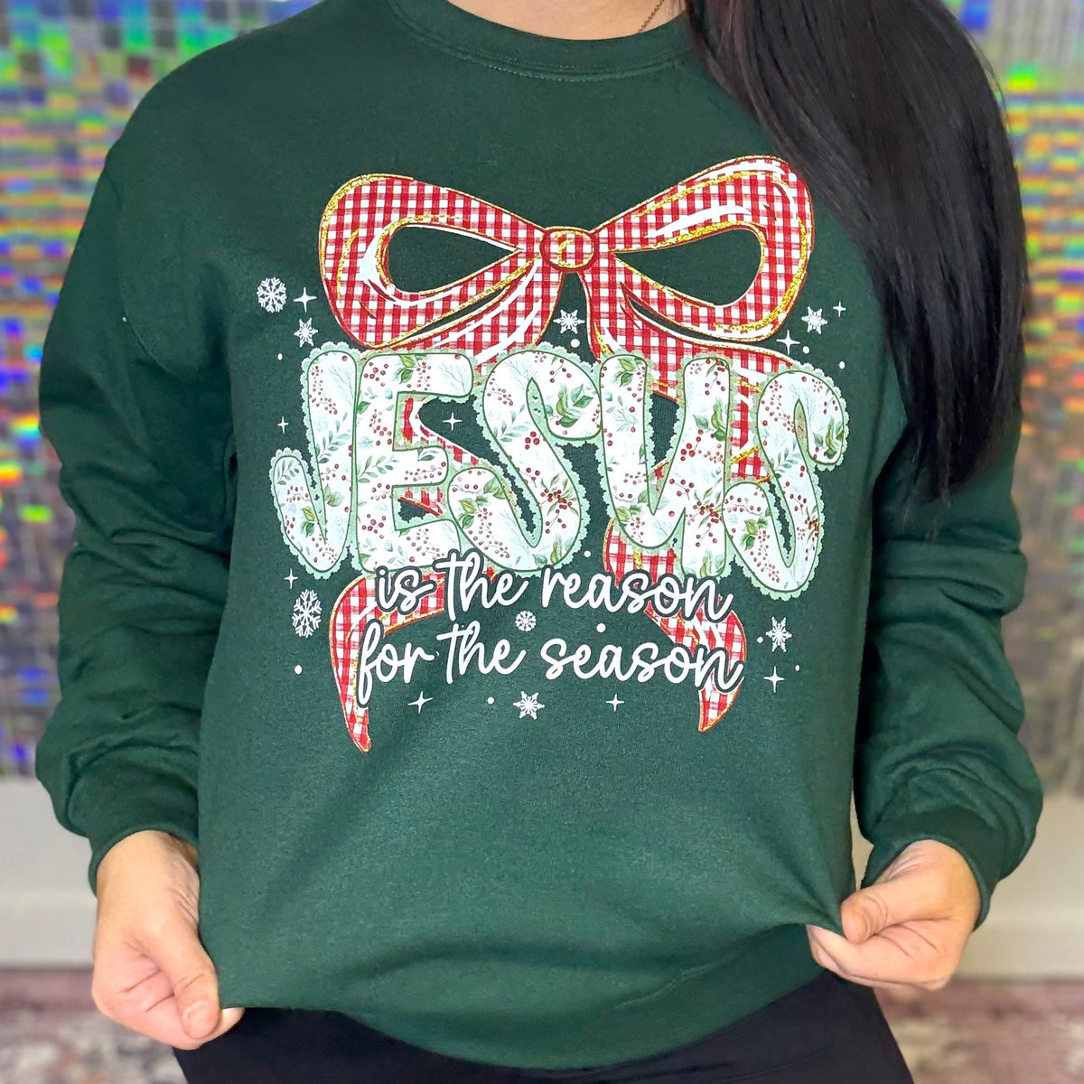 Plaid Bow Jesus Is The Reason Graphic Crewneck