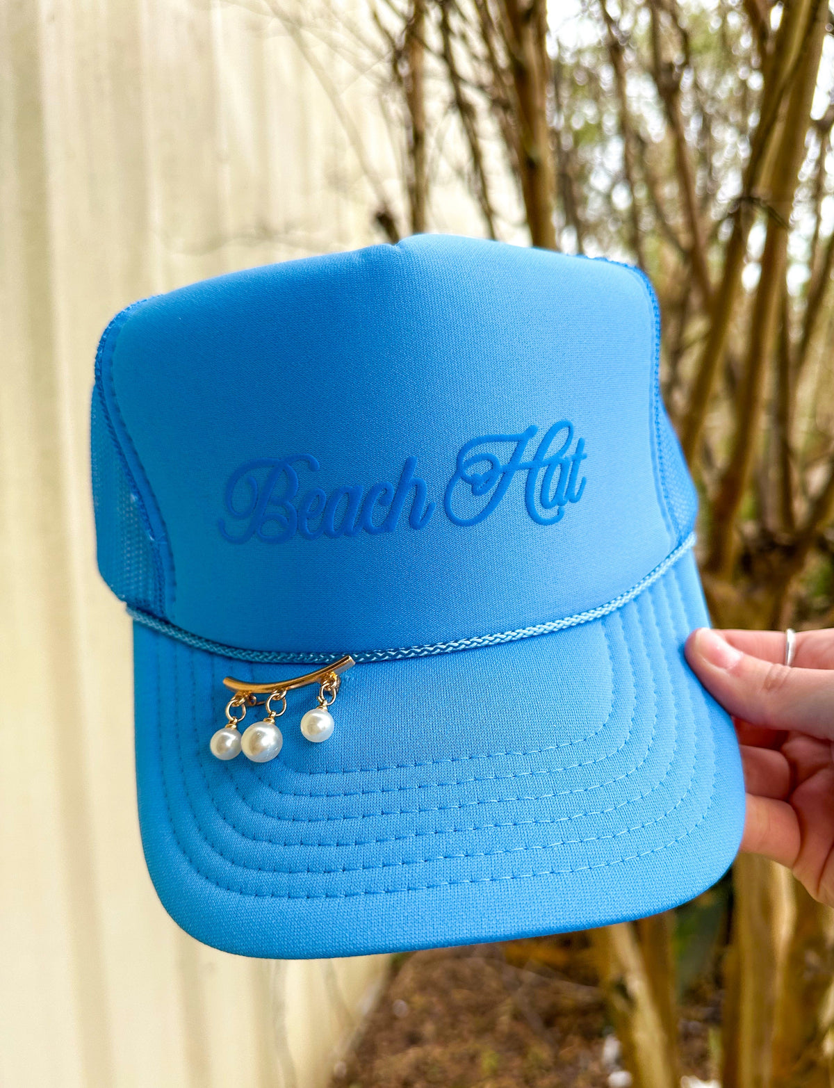Beach Hat Cursive Columbia Blue Trucker