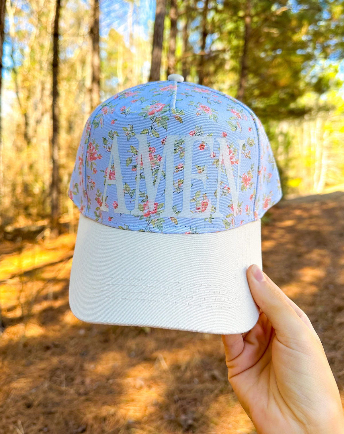 AMEN Floral Coral/ Light Blue Trucker Hat
