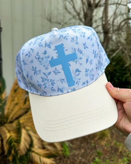 Cross Floral White/Light Blue Trucker Hat