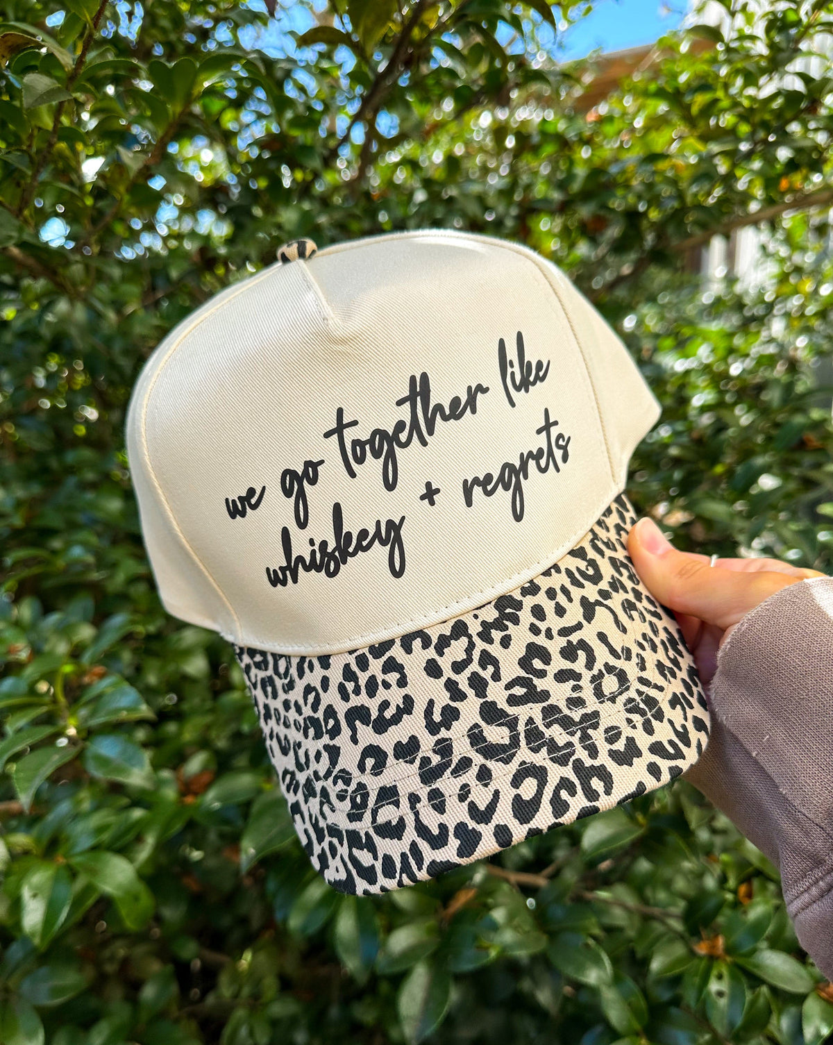 Whiskey & Regrets Leopard Canvas Trucker Hat