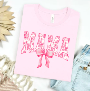 Pink Floral Mama with Bow Graphic Tee
