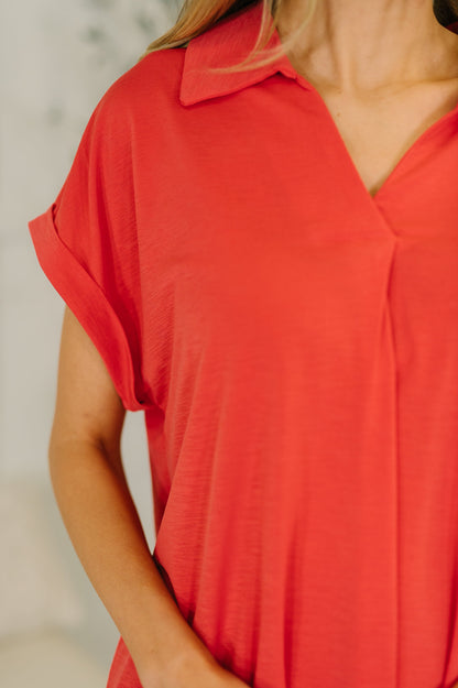 Sea You Soon Collared Top in Hot Coral
