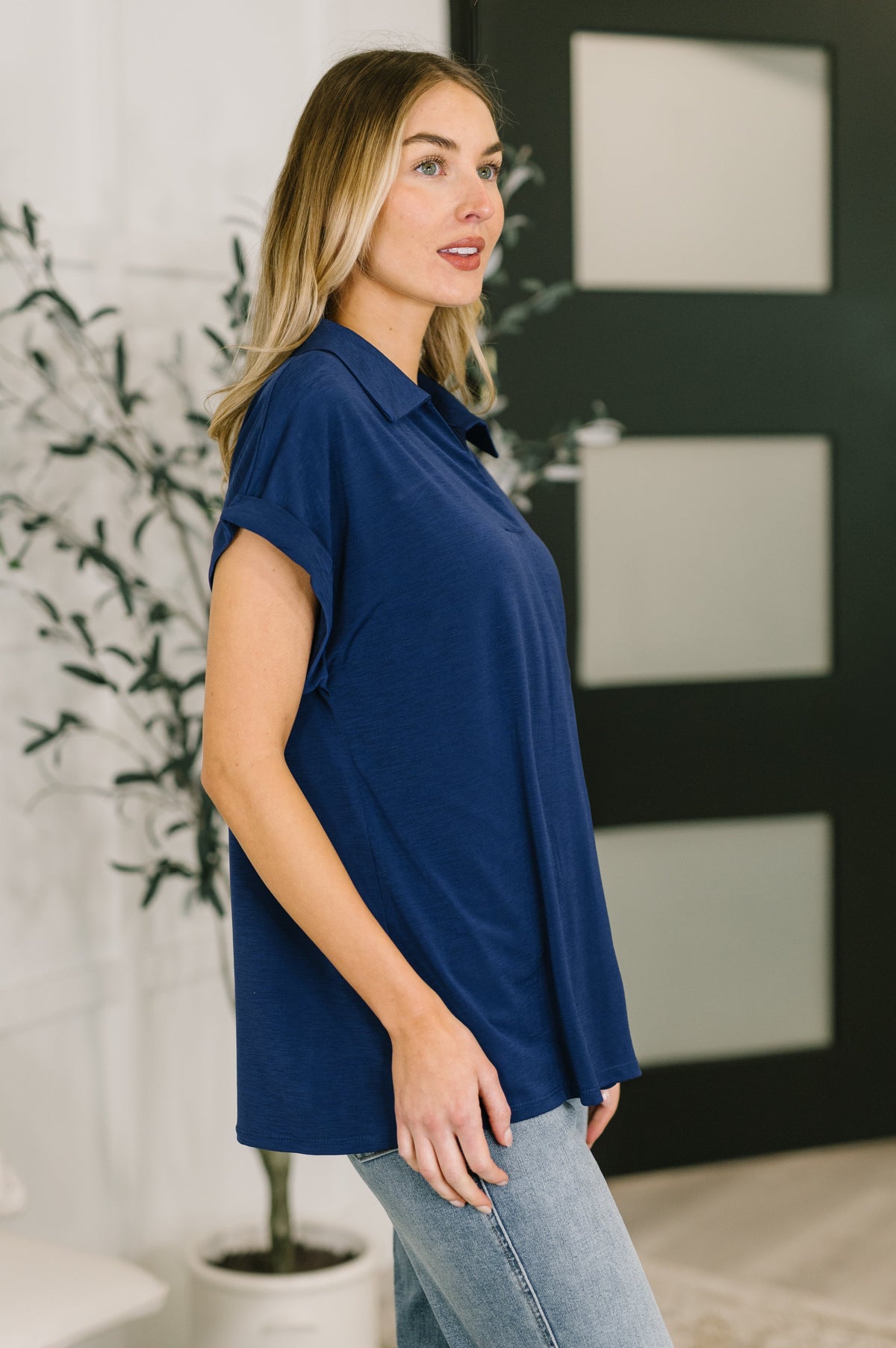 Sea You Soon Collared Top in Navy