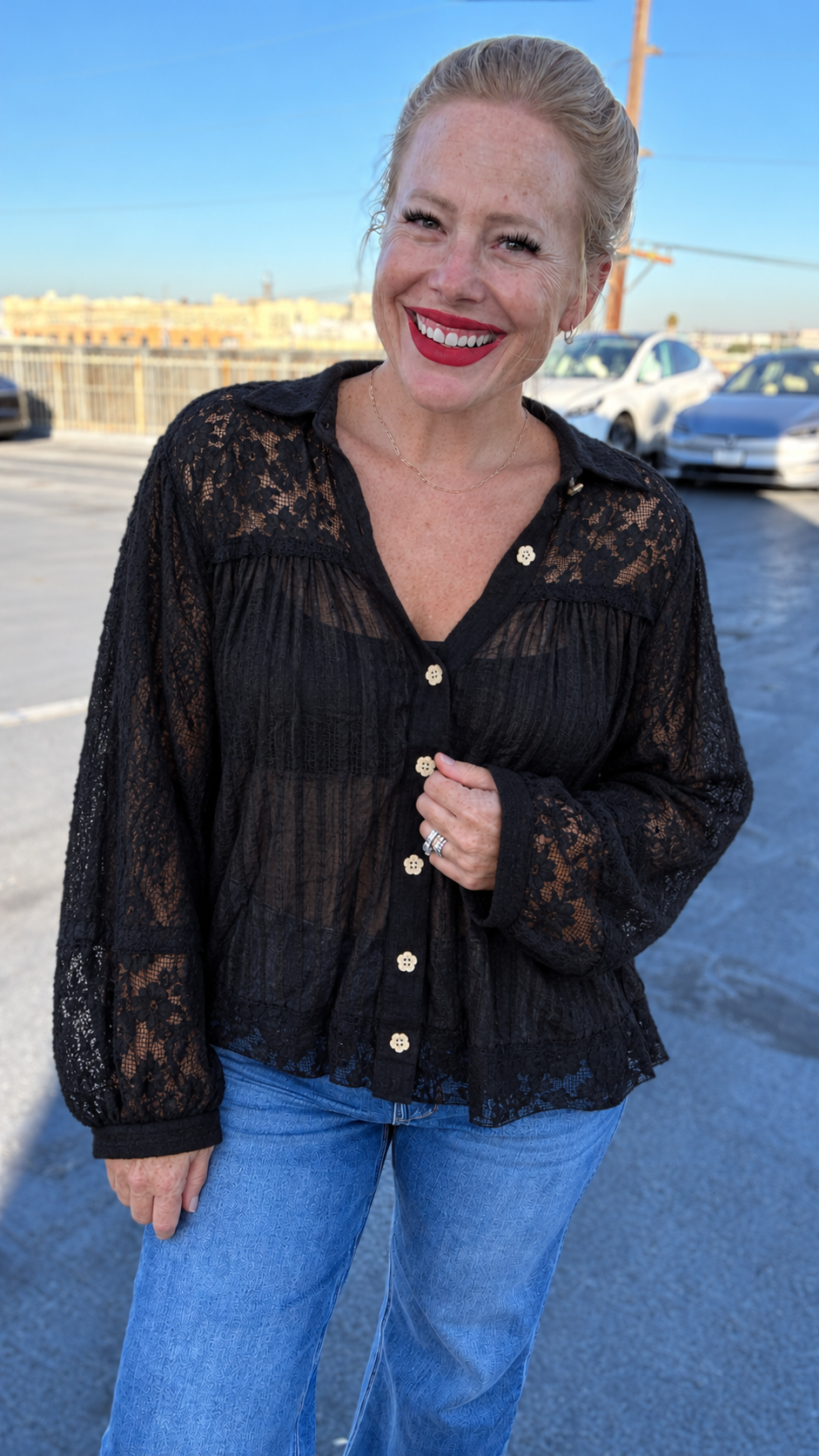 Midnight Romance Lace Button-Up Blouse