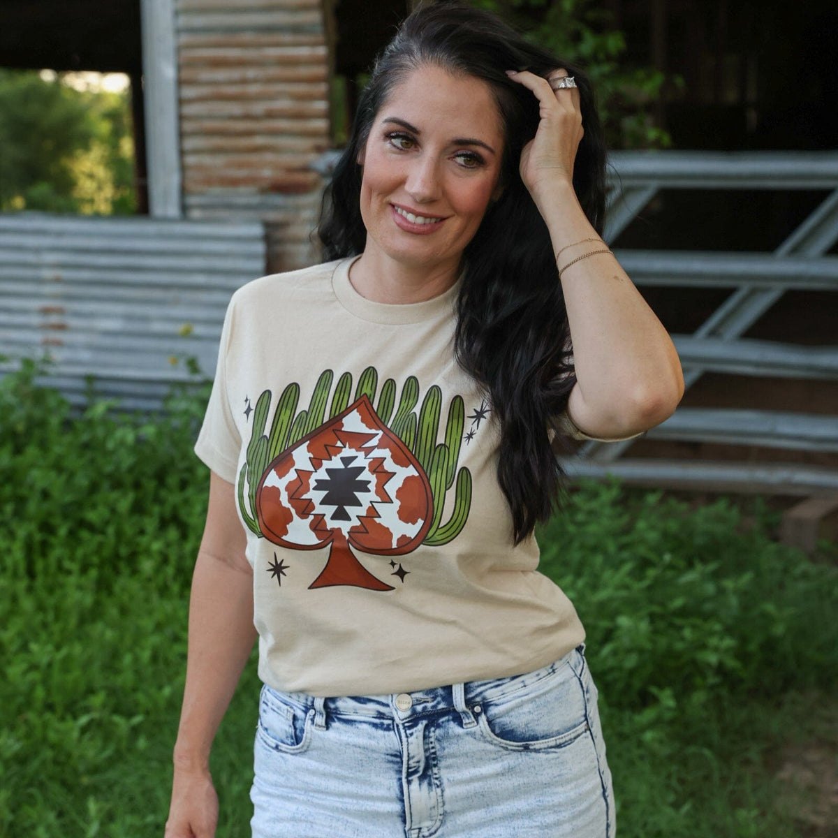 FestiviTees Women - Apparel - Shirts - T-Shirts Aztec Cowprint Spade Cactus Soft Graphic Tee