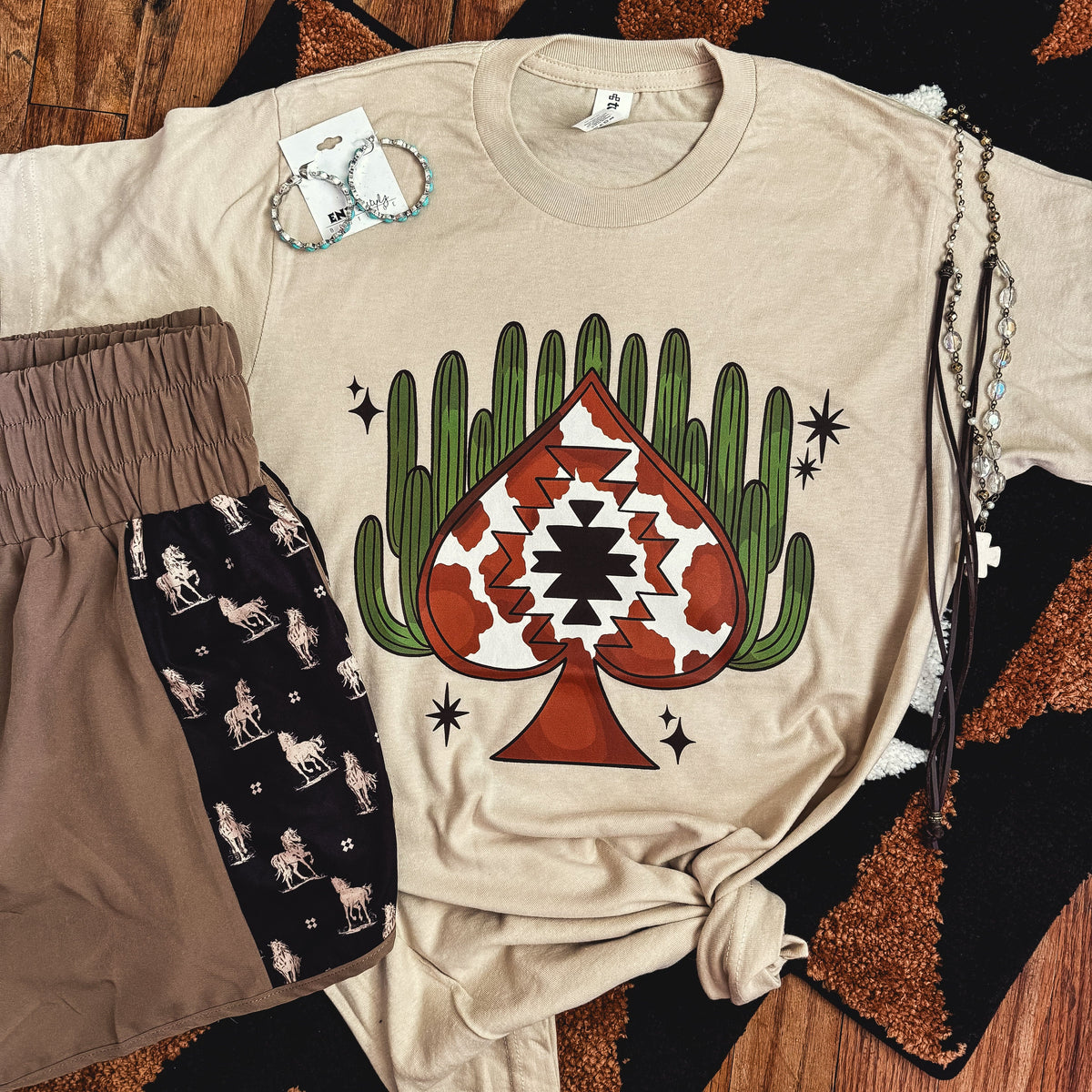 FestiviTees Women - Apparel - Shirts - T-Shirts Aztec Cowprint Spade Cactus Soft Graphic Tee