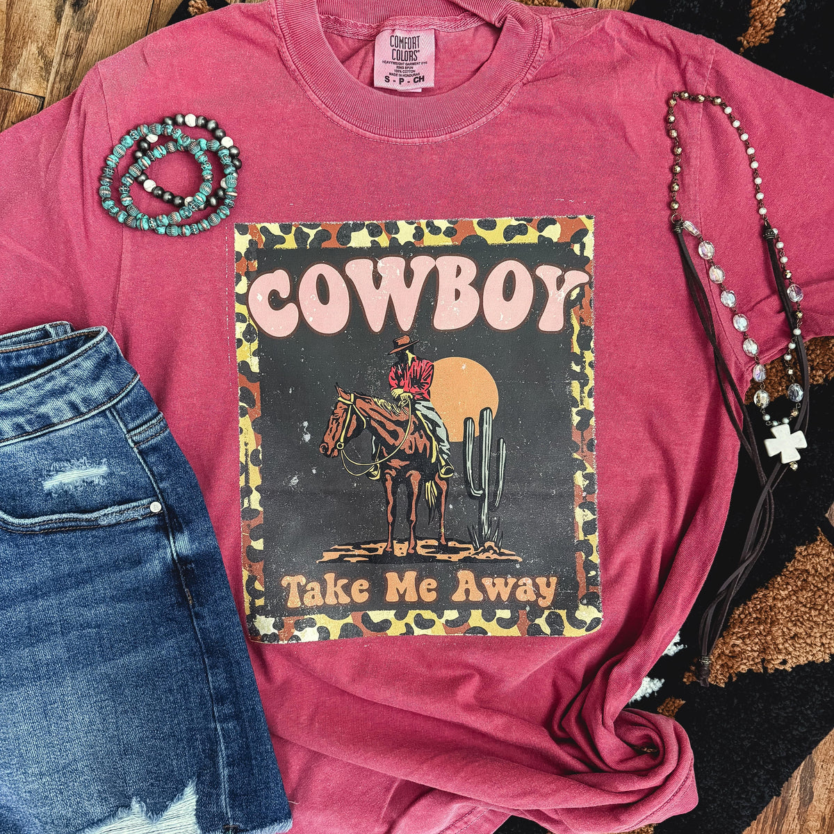 FestiviTees Women - Apparel - Shirts - T-Shirts Cowboy Take Me Away Leopard Border Soft Graphic Tee