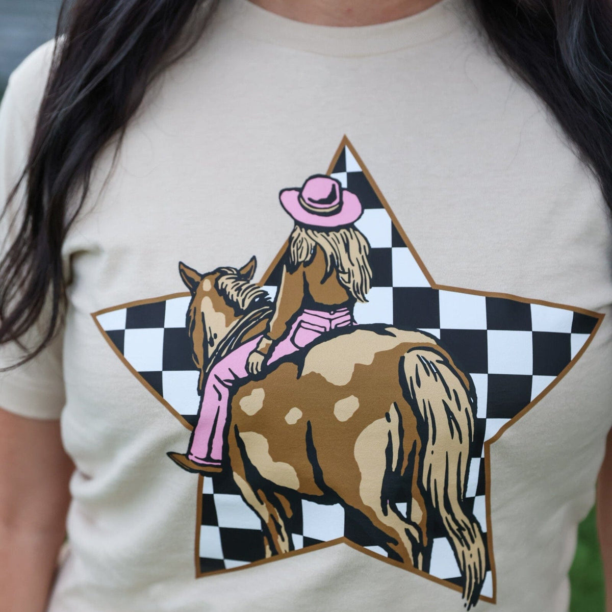 FestiviTees Women - Apparel - Shirts - T-Shirts Cowgirl Checkerboard Star Soft Graphic Tee