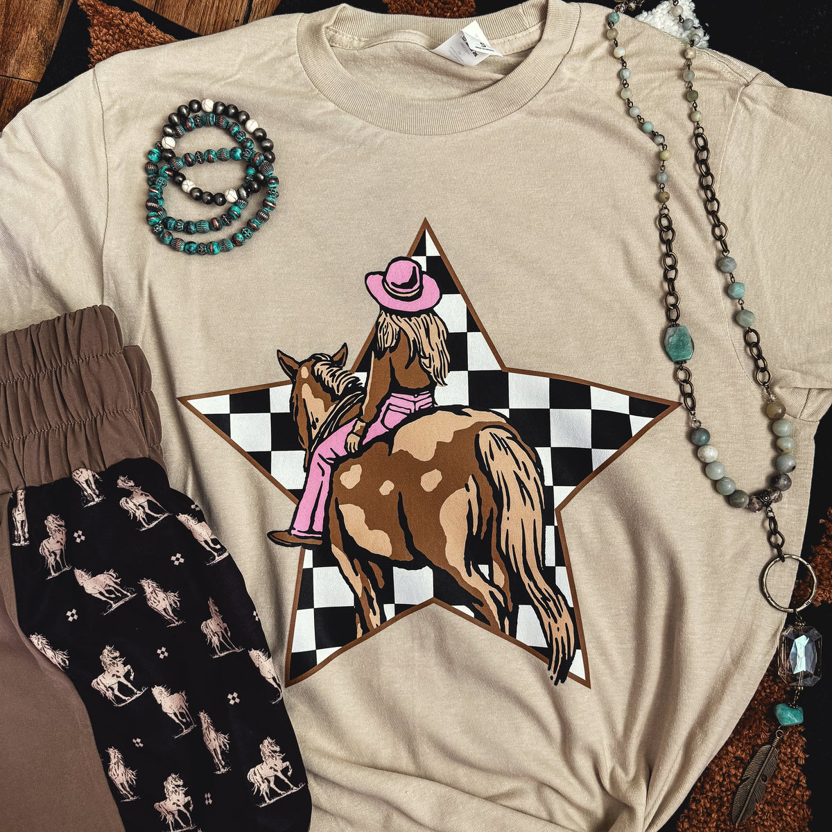 FestiviTees Women - Apparel - Shirts - T-Shirts Cowgirl Checkerboard Star Soft Graphic Tee