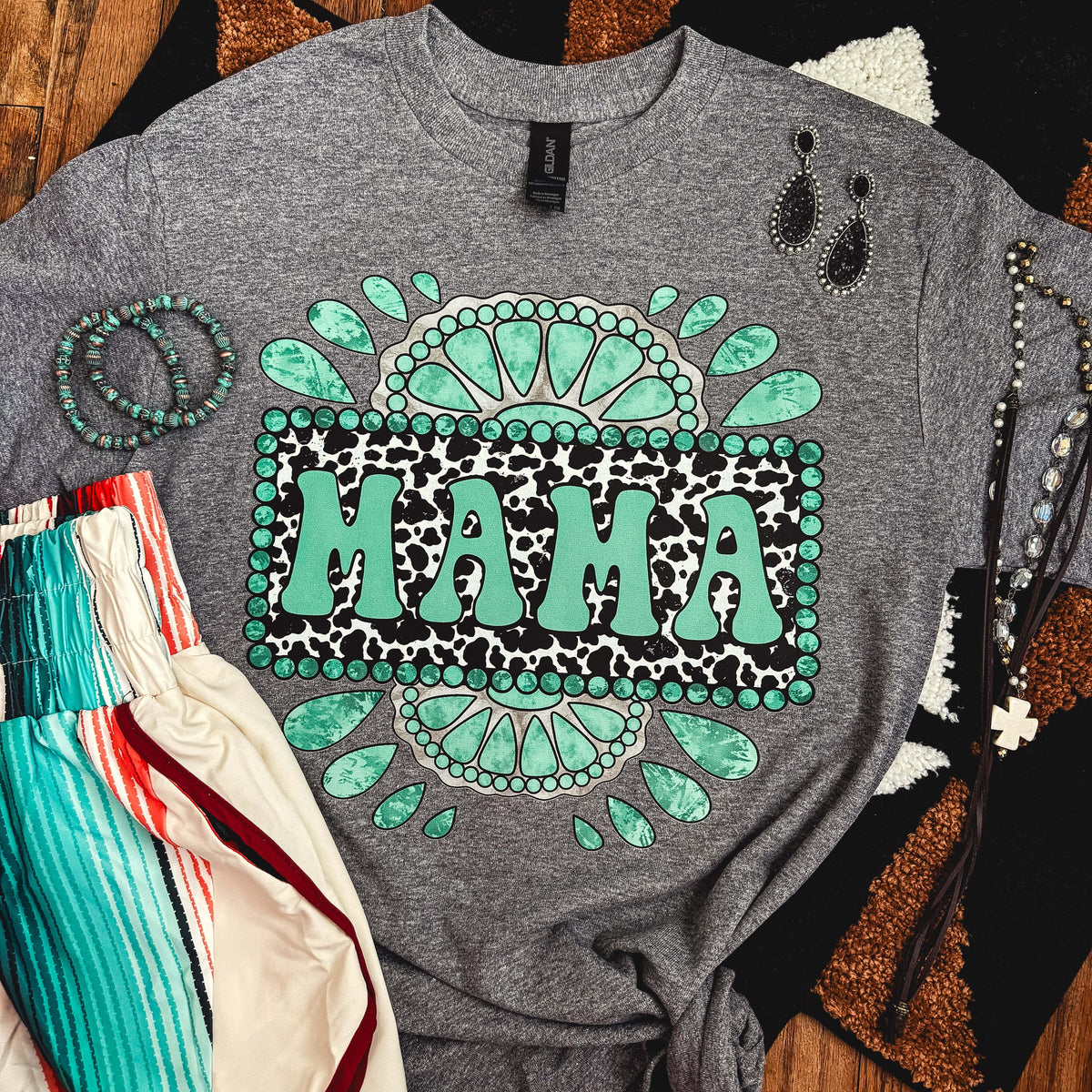 FestiviTees Women - Apparel - Shirts - T-Shirts Cowprint Turquoise Mama Soft Graphic Tee