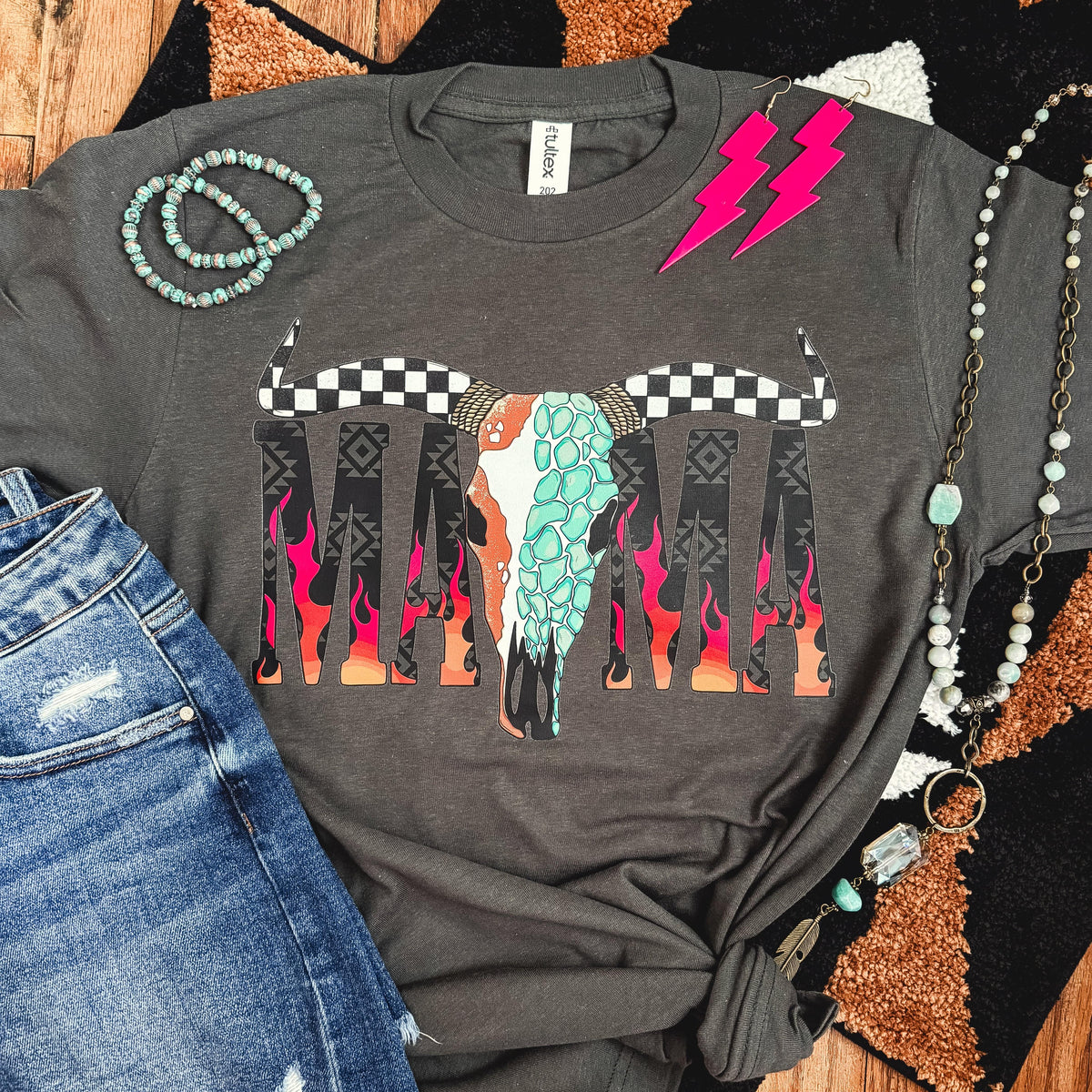 FestiviTees Women - Apparel - Shirts - T-Shirts Desert Skull Flame Mama Soft Graphic Tee