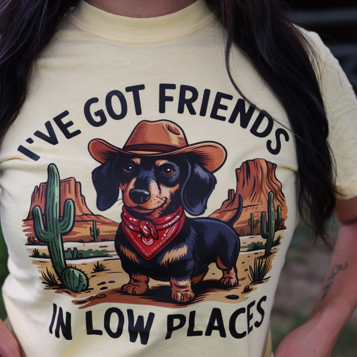 FestiviTees Women - Apparel - Shirts - T-Shirts Friends in Low Places Cowboy Dog Soft Graphic Tee