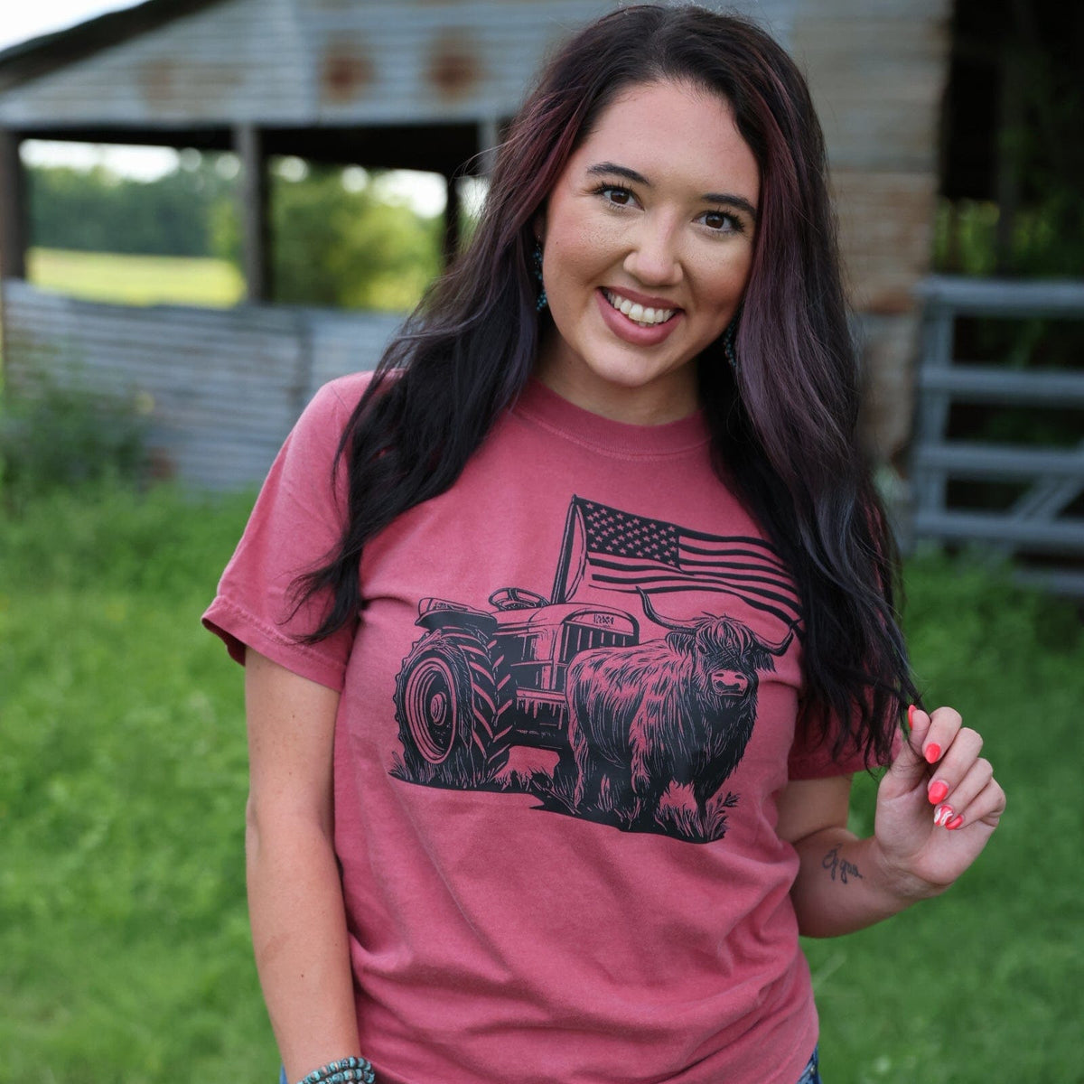 FestiviTees Women - Apparel - Shirts - T-Shirts Highland Cow Flag Tractor Soft Graphic Tee