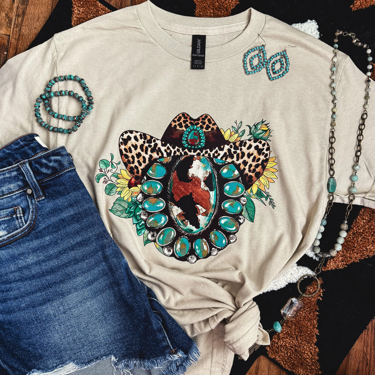 FestiviTees Women - Apparel - Shirts - T-Shirts Leopard Hat Turquoise Squash Blossom Soft Graphic Tee