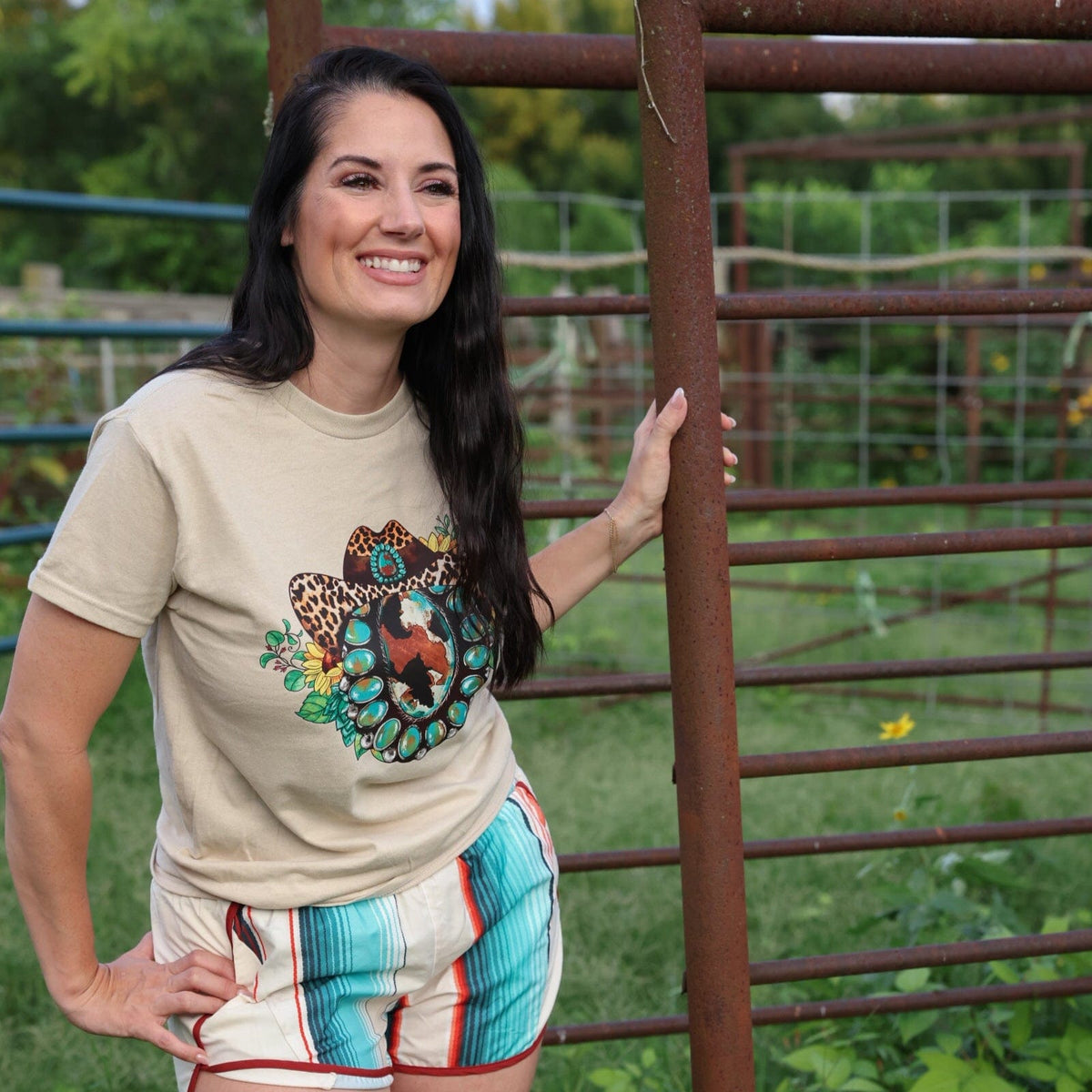 FestiviTees Women - Apparel - Shirts - T-Shirts Leopard Hat Turquoise Squash Blossom Soft Graphic Tee