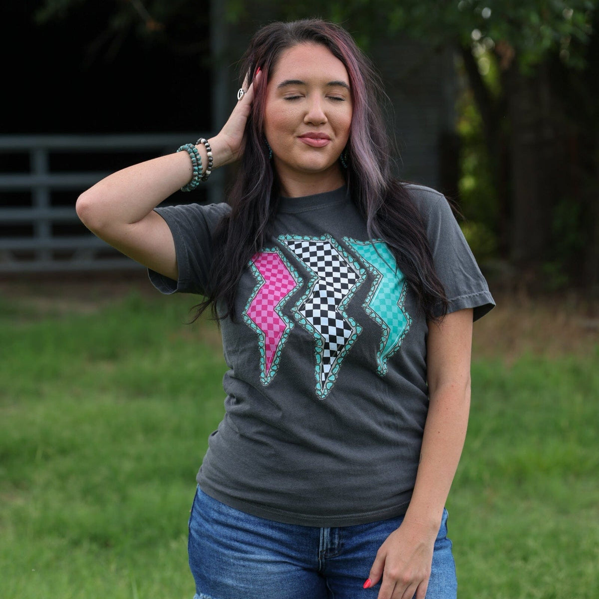 FestiviTees Women - Apparel - Shirts - T-Shirts Triple Lightning Bolt Turquoise Border Tee Soft Graphic Tee